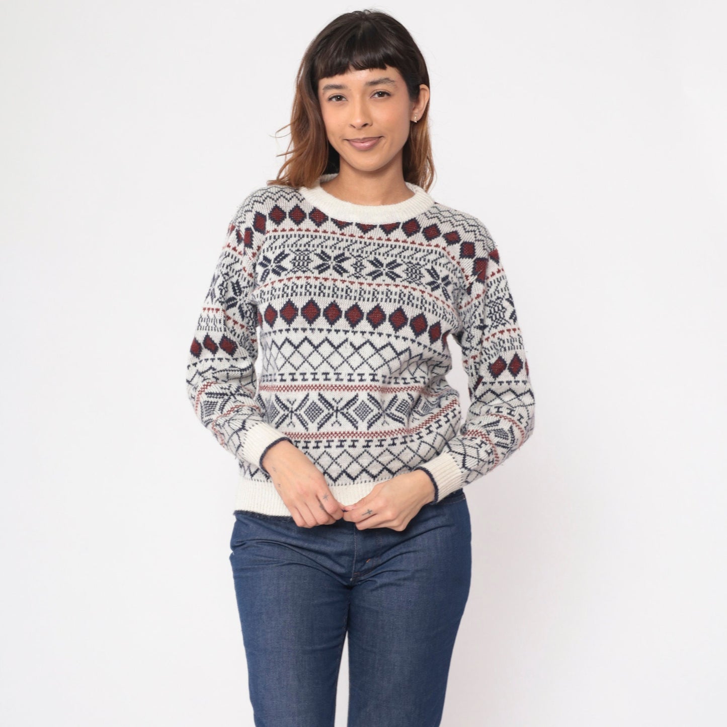 80s Fair Isle Snowflake Sweater White Navy Crewneck Pullover Extra Small