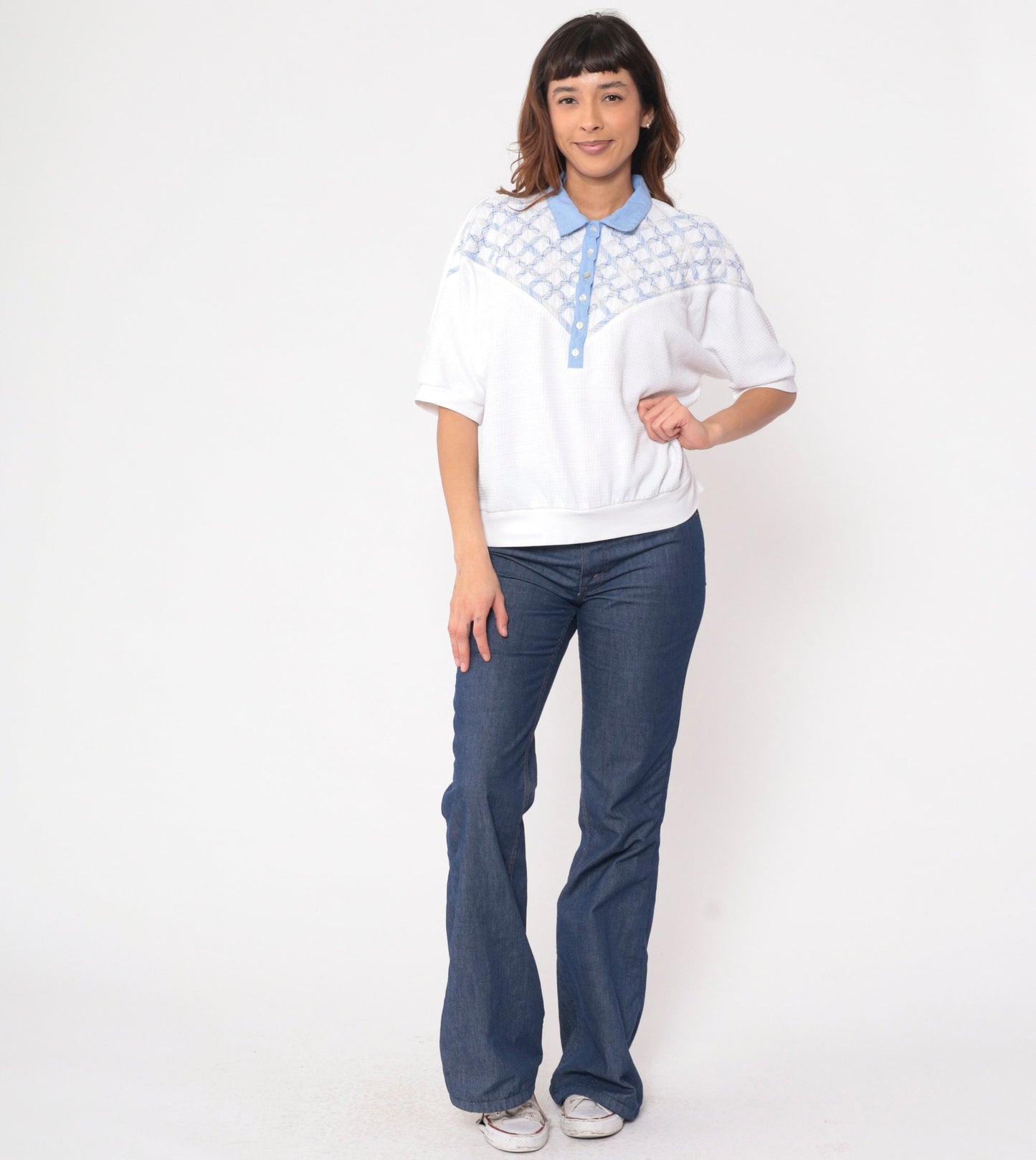 90s Koret Polo Shirt White Lattice Waffle Knit Dolman Sleeve Large L