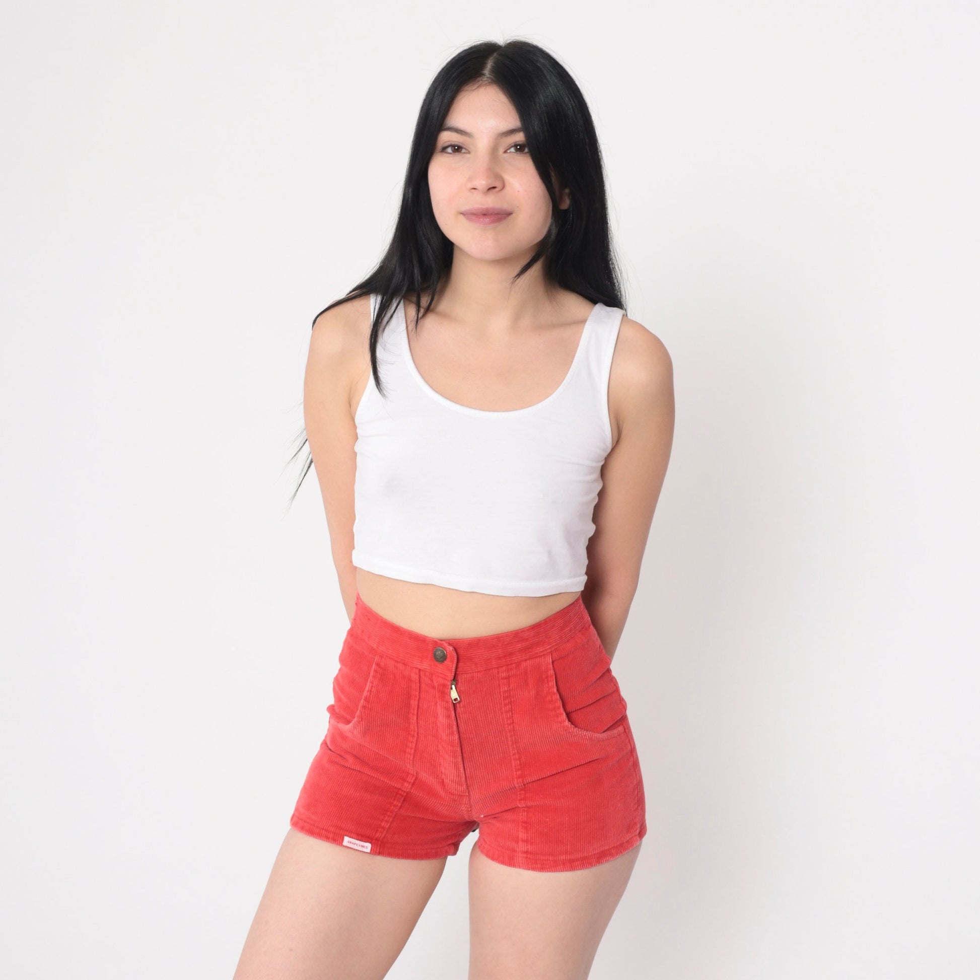 80s Red Corduroy Shorts High Waist Patch Pockets Zipper Fly Extra Small