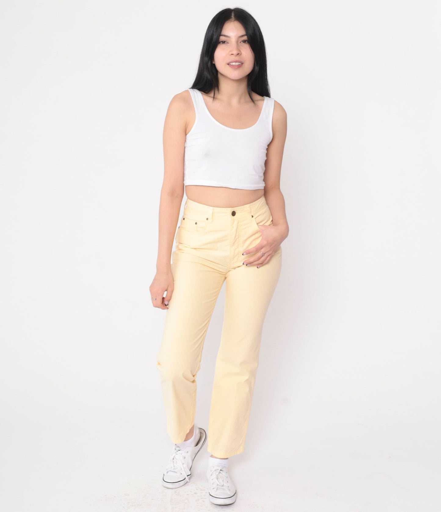 90s Jordache Pale Yellow High-Waisted Slim Trousers Small
