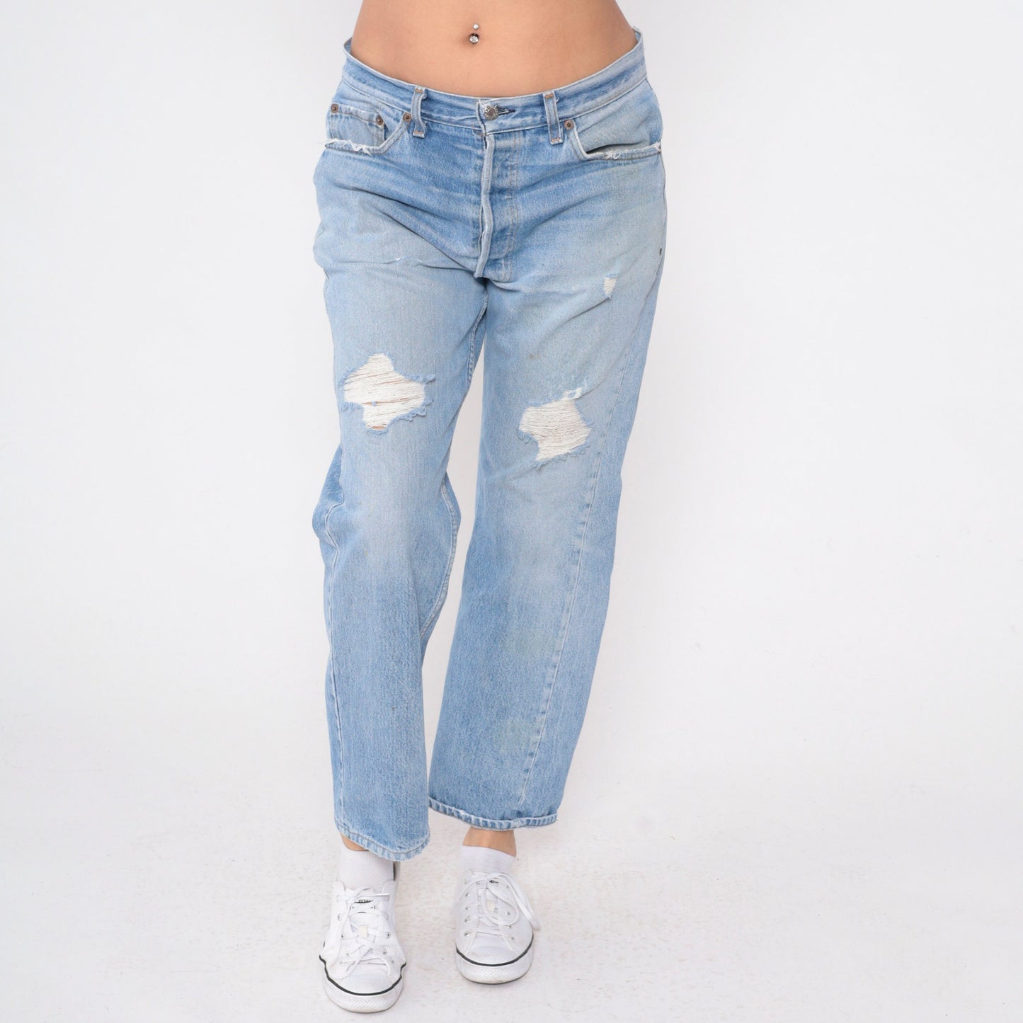 90s Levis 501 Ripped Blue Denim Jeans Button Fly Relaxed Fit Large 36