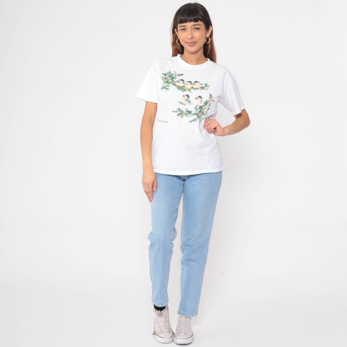 90s Solvang Chickadee Holly Graphic T-Shirt White Cotton Single Stitch Medium