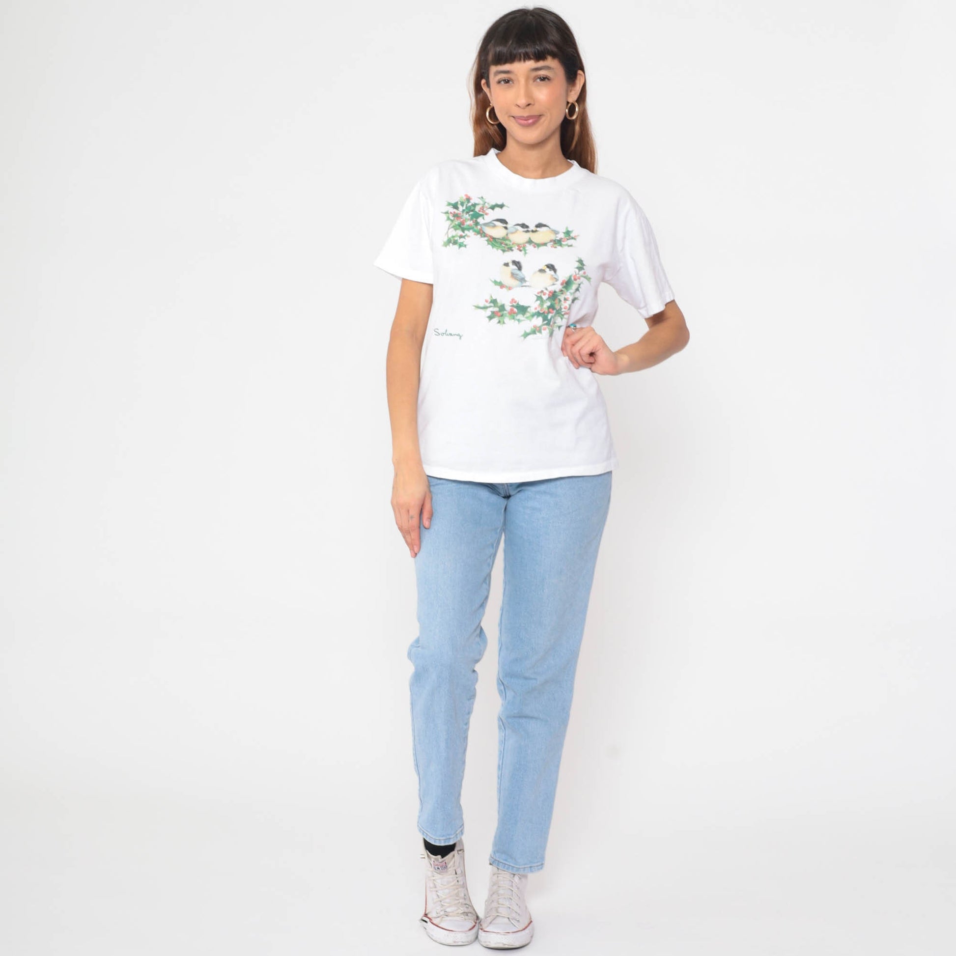 90s Solvang Chickadee Holly Graphic T-Shirt White Cotton Single Stitch Medium