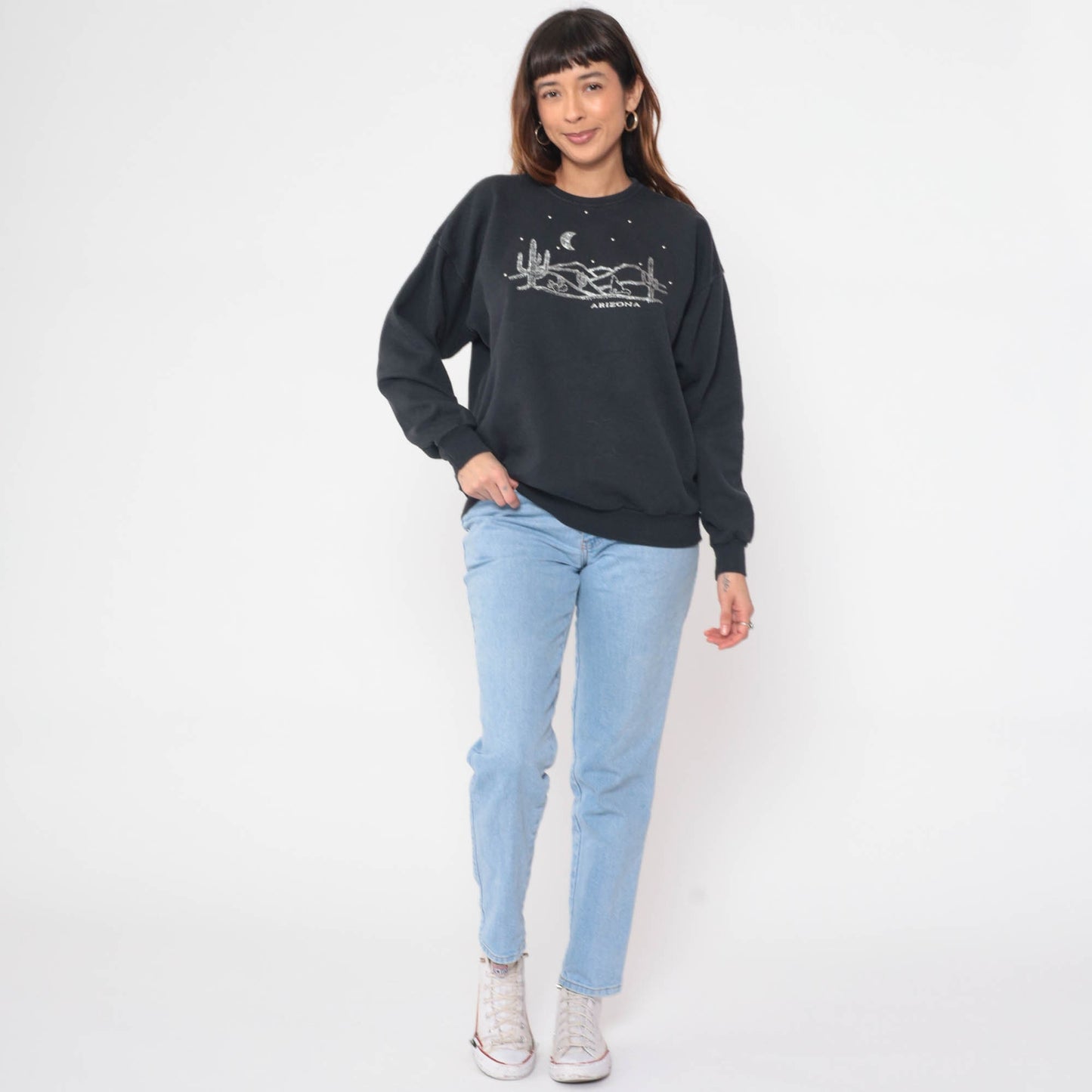 90s Arizona Coyote Desert Sweatshirt Black Beaded Graphic Crewneck Large L