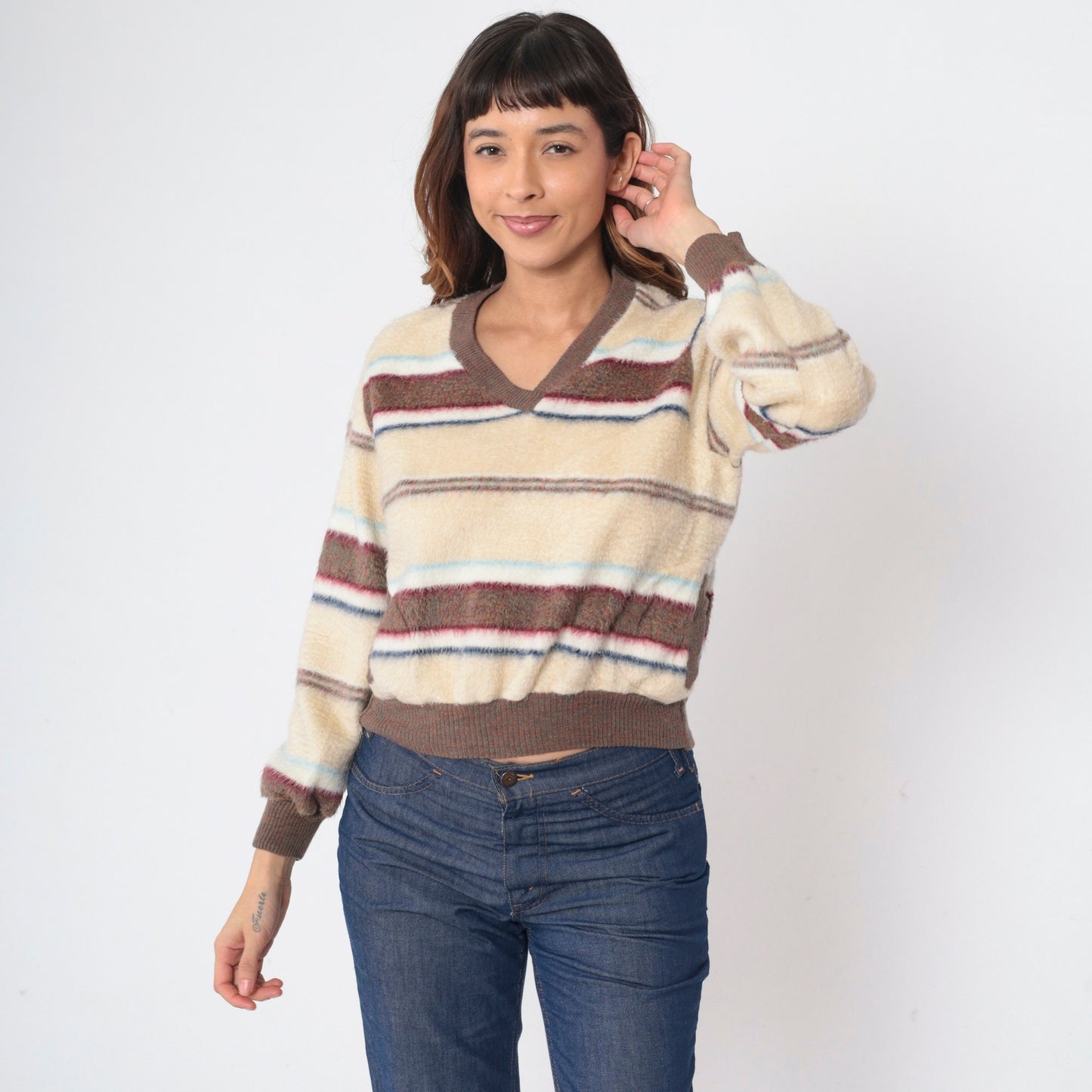 70s Striped Fleece V-Neck Sweatshirt Brown Cream Red Blue Large L