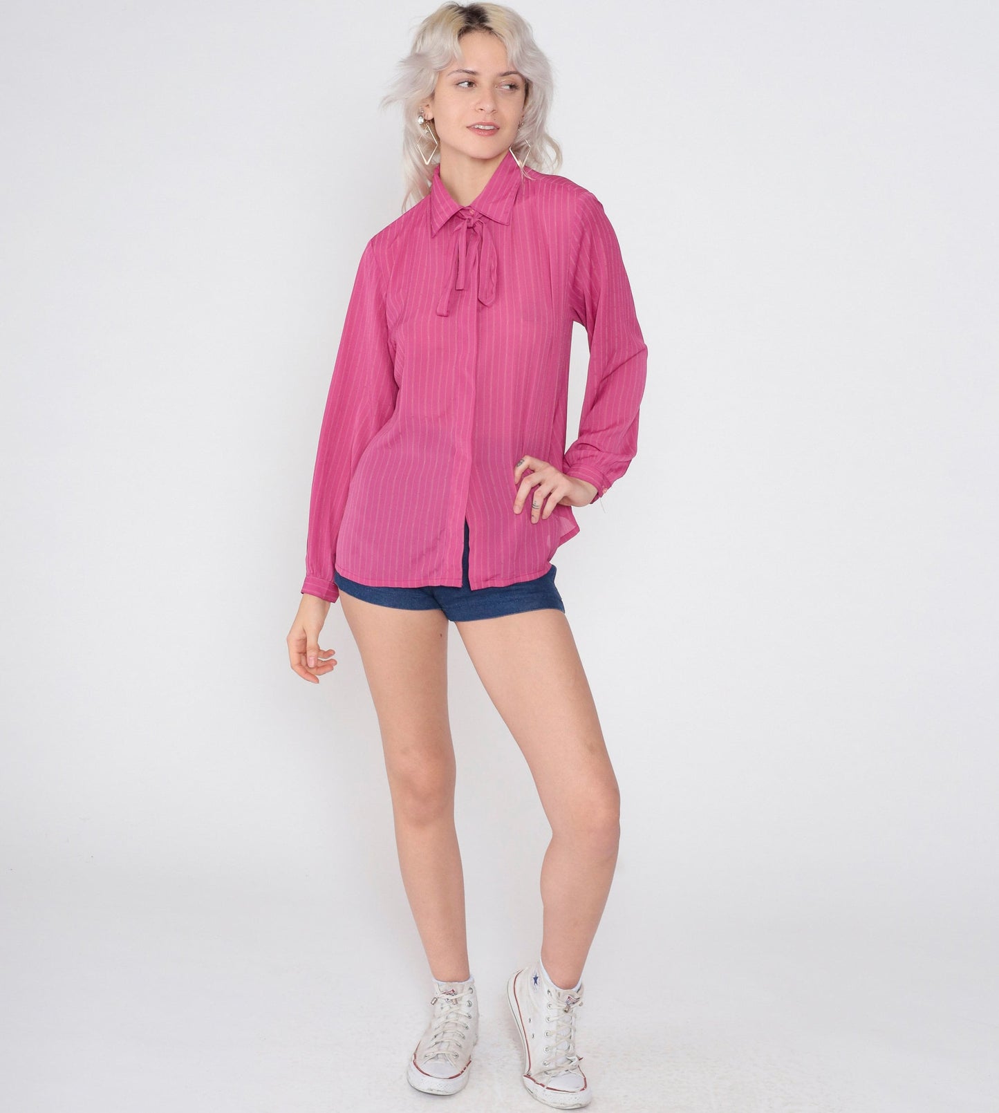 70s Deep Pink Striped Ascot Blouse Button-Up Long Sleeve Medium
