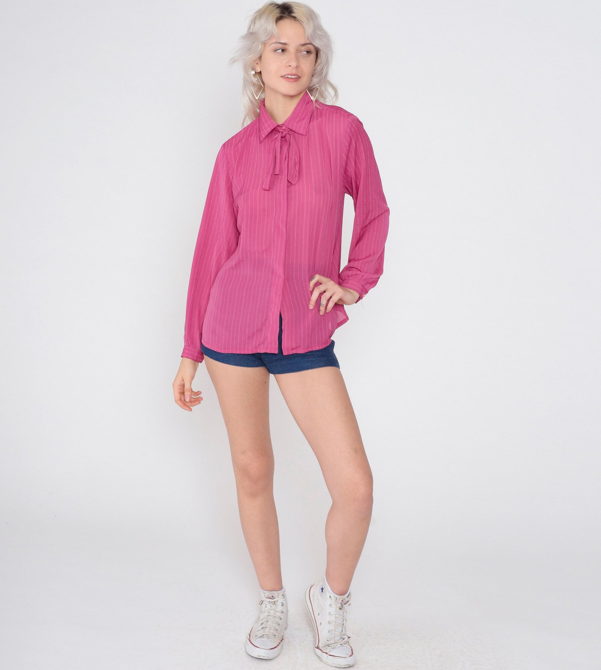 70s Deep Pink Striped Ascot Blouse Button-Up Long Sleeve Medium