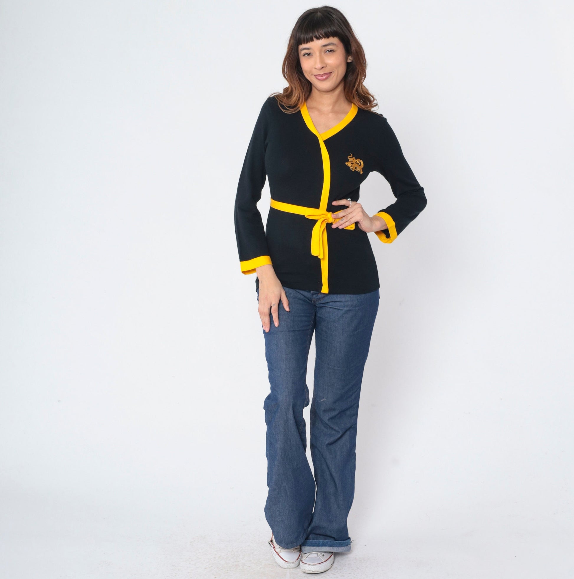 70s Black Knit Dragon Embroidered Wrap Top Yellow Trim Small S