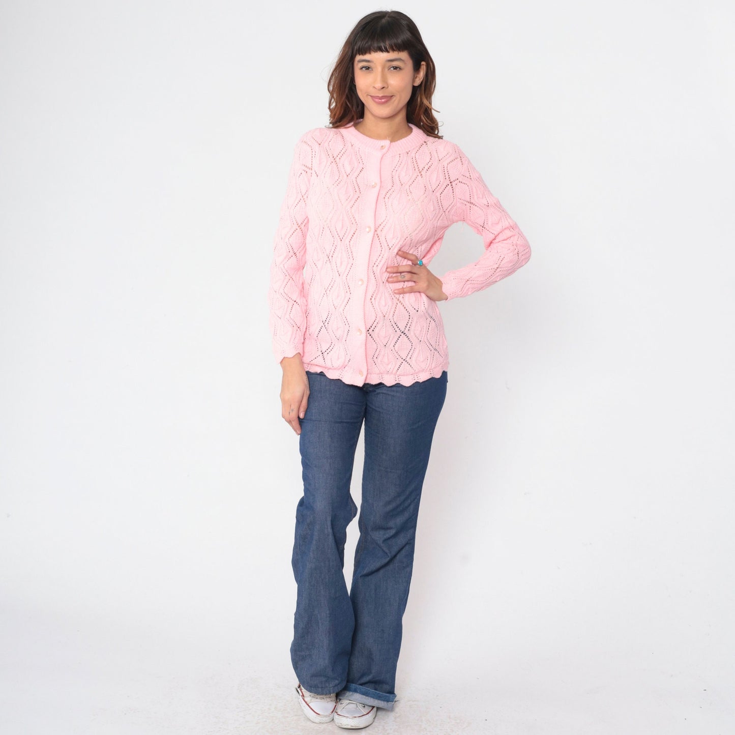 80s Baby Pink Pointelle Cardigan Button-Up Knit Sweater Scalloped Hem Medium M