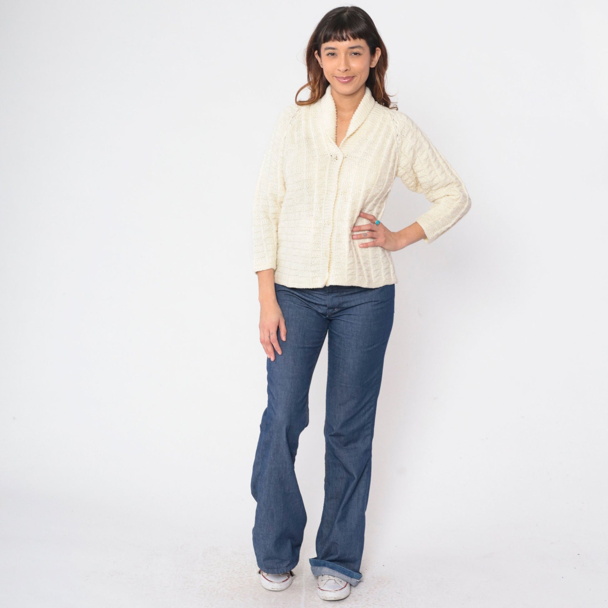 70s Cream Cardigan Shawl Collar Button-Up Knit Sweater Raglan Small S