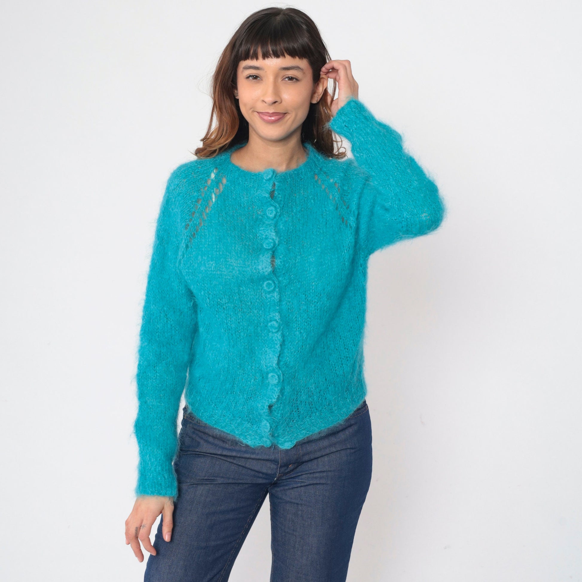 70s Blue Mohair Cardigan Cutout Raglan Sleeve Knit Sweater Medium