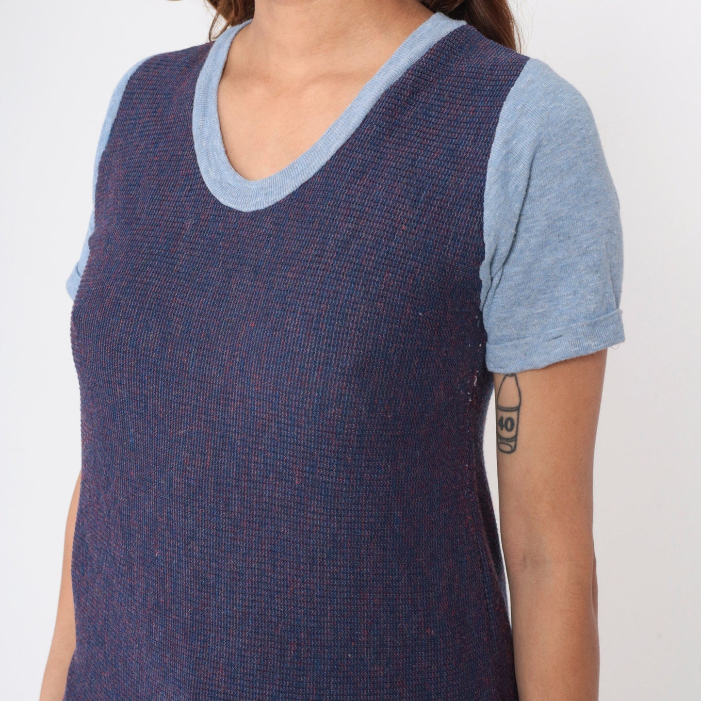 70s Ringer Tee Blue Waffle Knit Scoop Neck Cuffed Sleeve Small