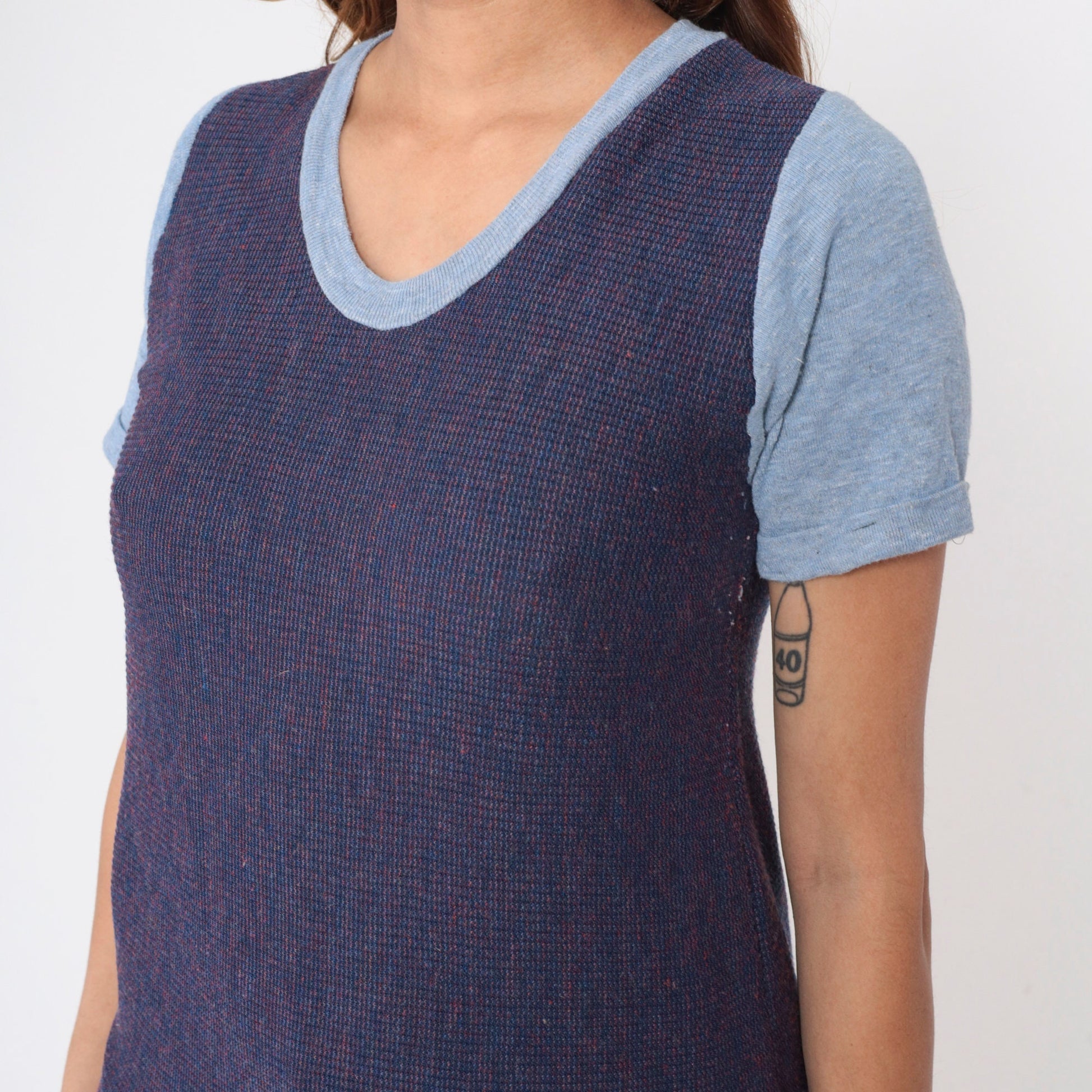 70s Ringer Tee Blue Waffle Knit Scoop Neck Cuffed Sleeve Small