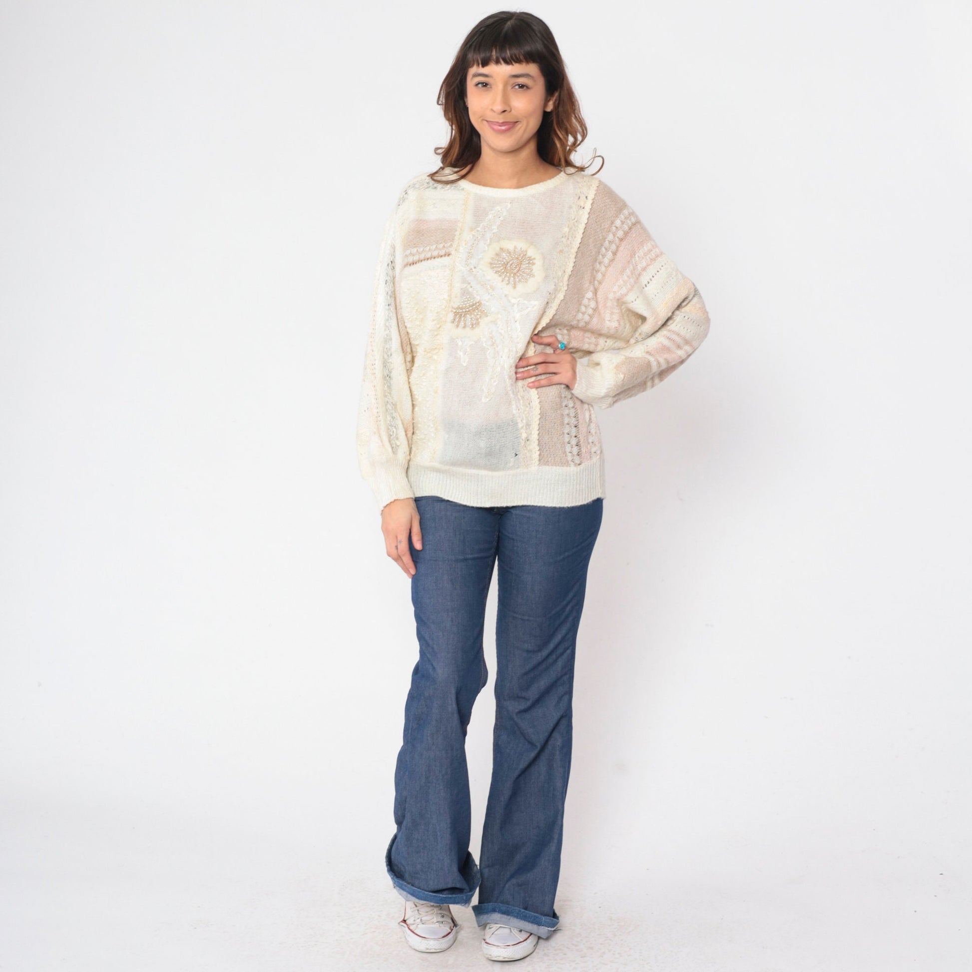 90s Mariea Kim Beaded Floral Knit Sweater Cream Mixed Media Medium