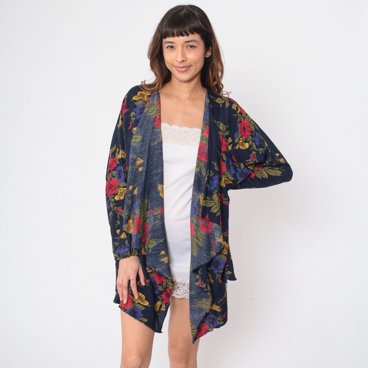 90s Navy Floral Open-Front Cardigan Jacket Waterfall Rayon Large