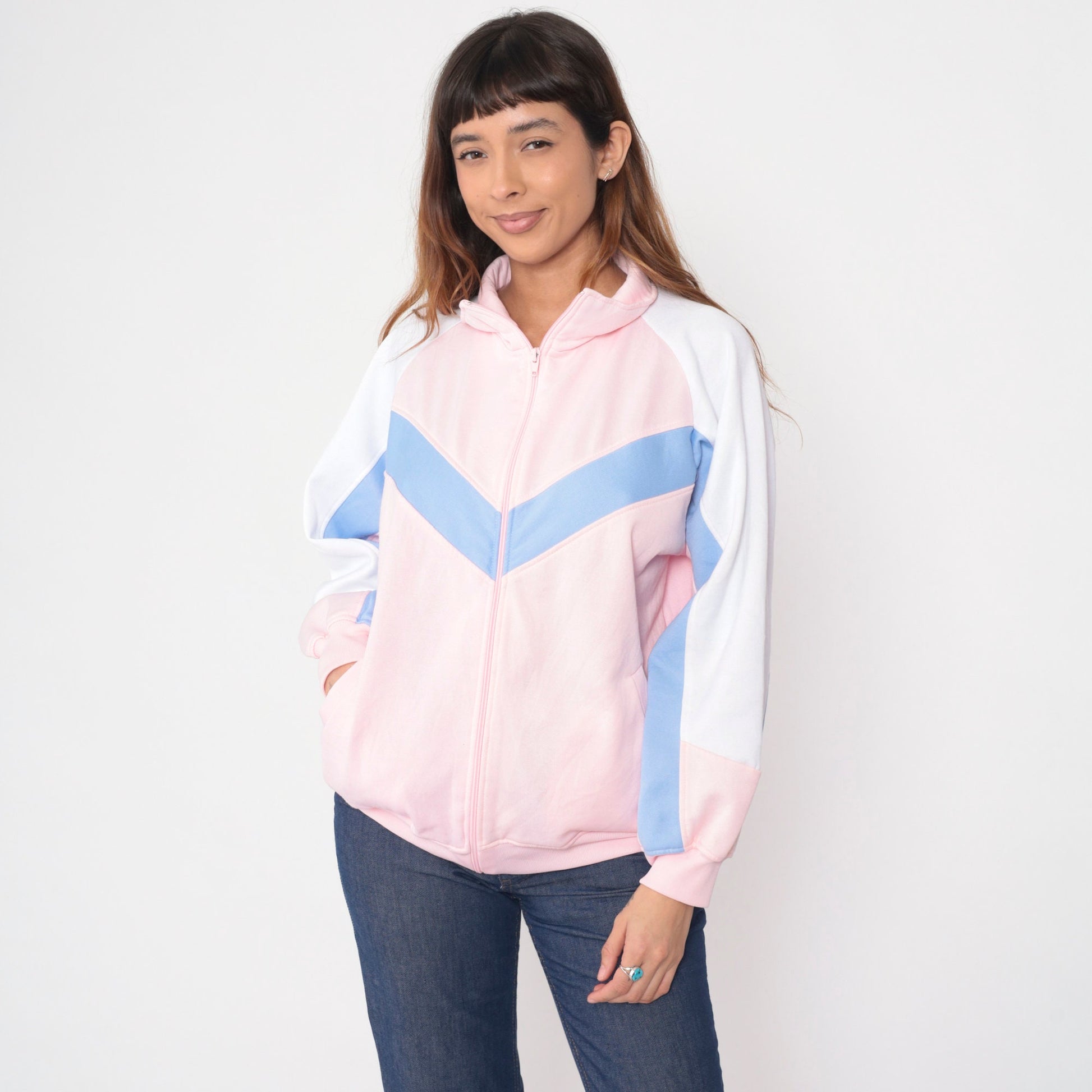 90s Baby Pink Track Jacket Periwinkle Chevron Stripe Zip Raglan Large L