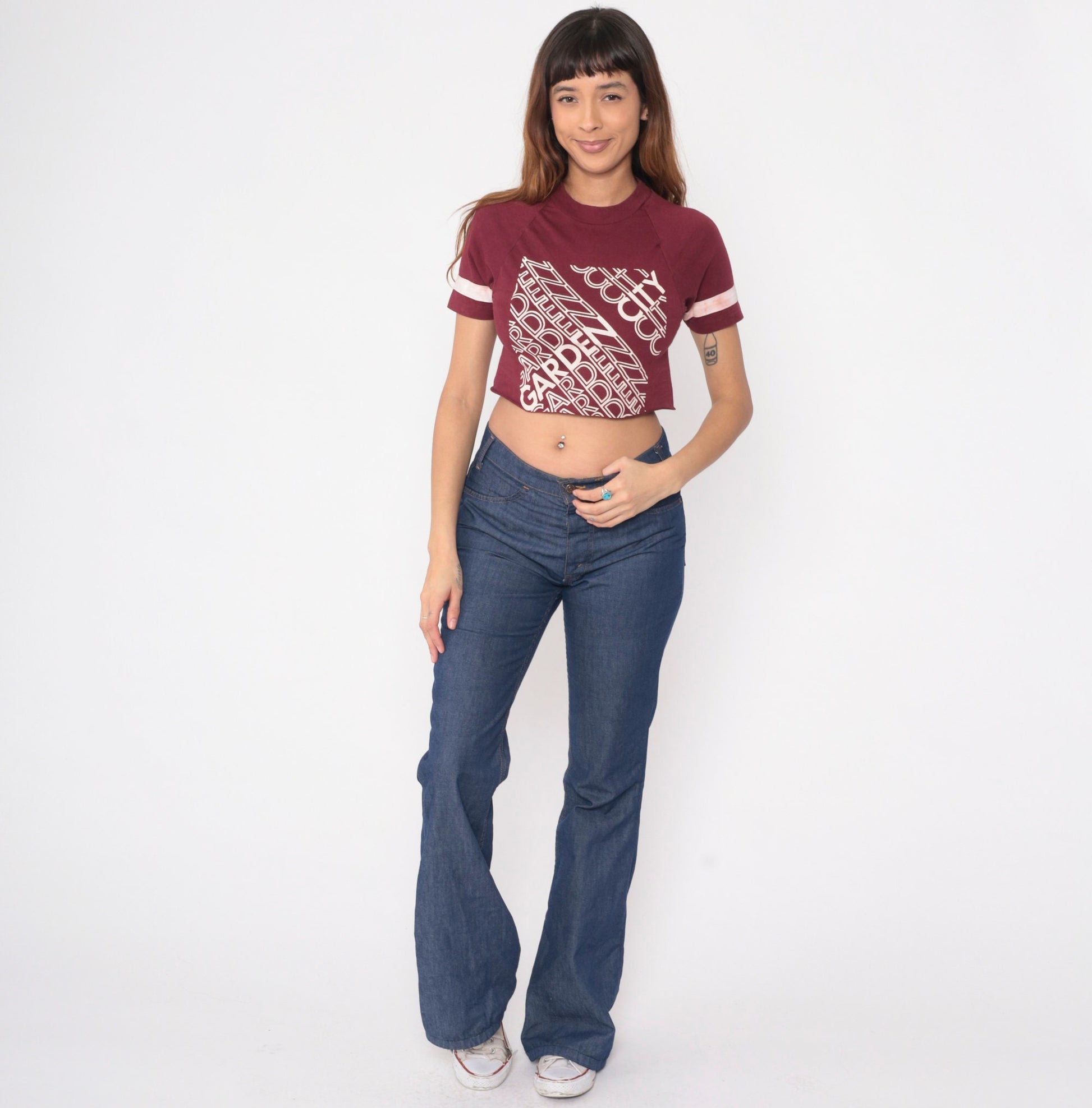 80s Champion Garden City Crop Top Burgundy Raglan Tee Extra Small