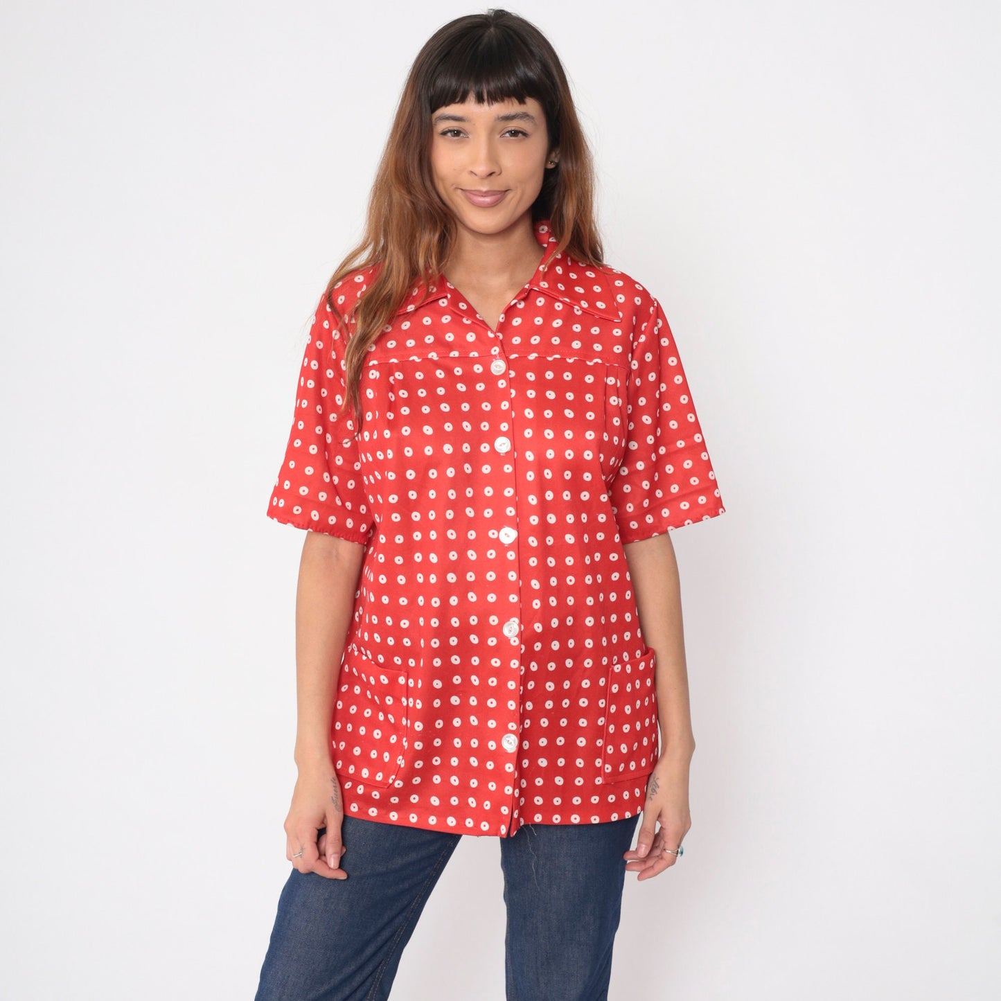 70s Red Polka Dot Button-Up Blouse Dagger Collar Yoke Pockets Large