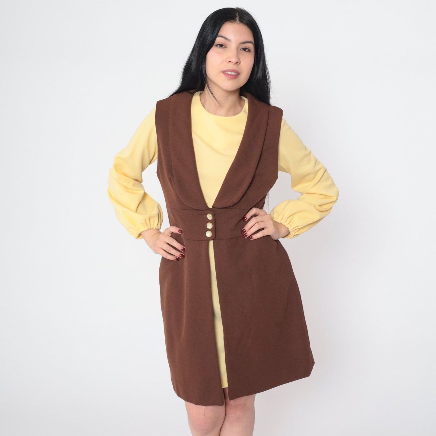 70s Mod Mini Dress and Vest Set Yellow Brown Shift Long Sleeve Medium