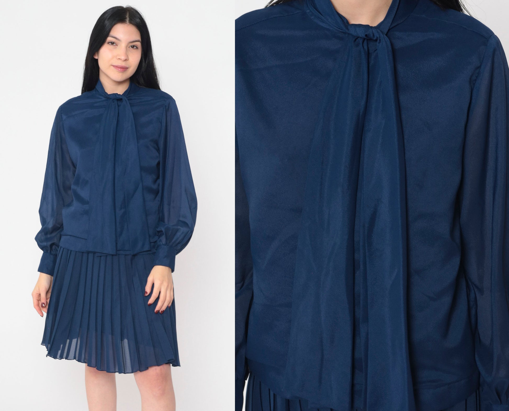 70s Navy Two Piece Dress Set Long Sleeve Blouse Mini Skirt Ascot Tie Large L