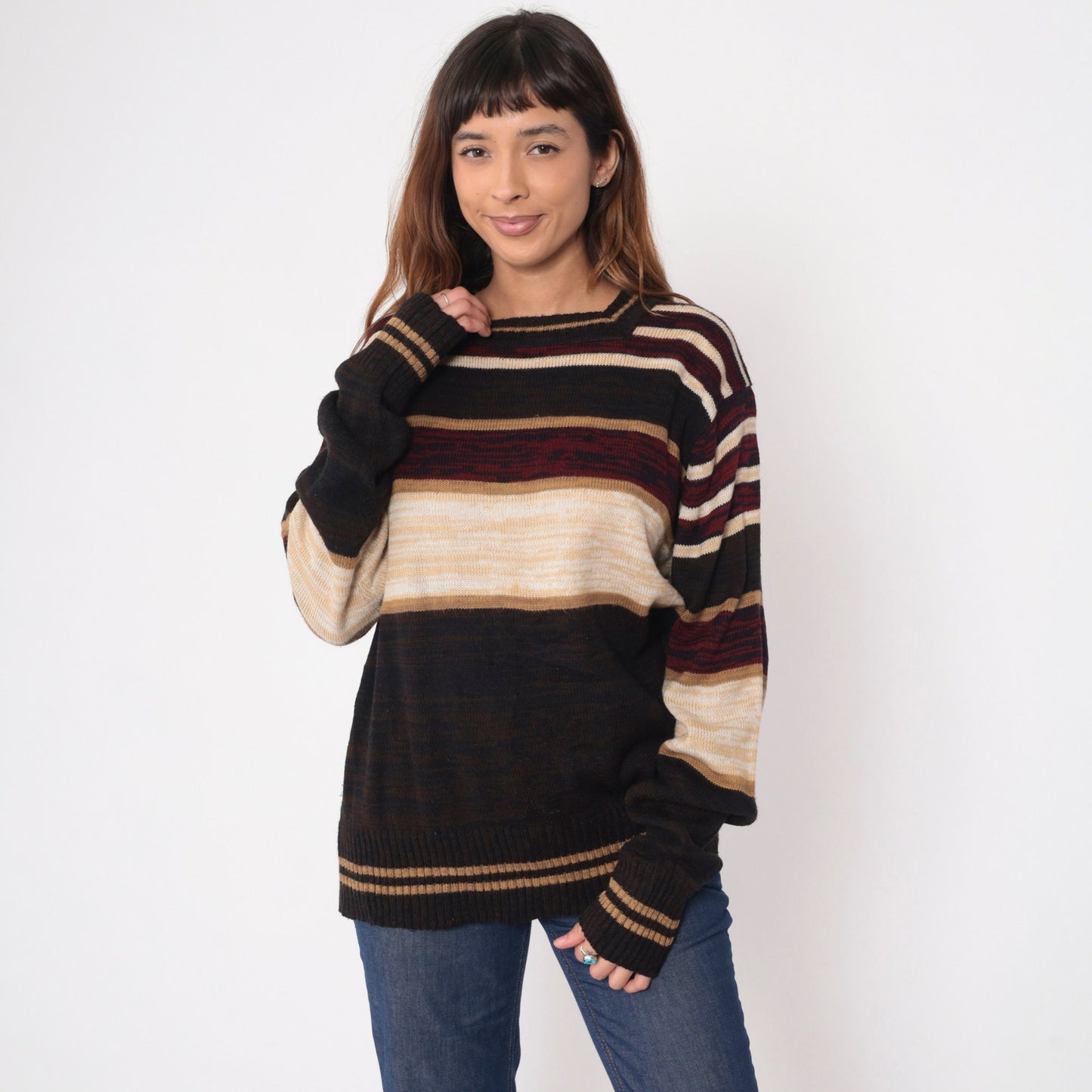 70s Sven Space Dye Striped Sweater Brown Burgundy Square Neck Knit Large L