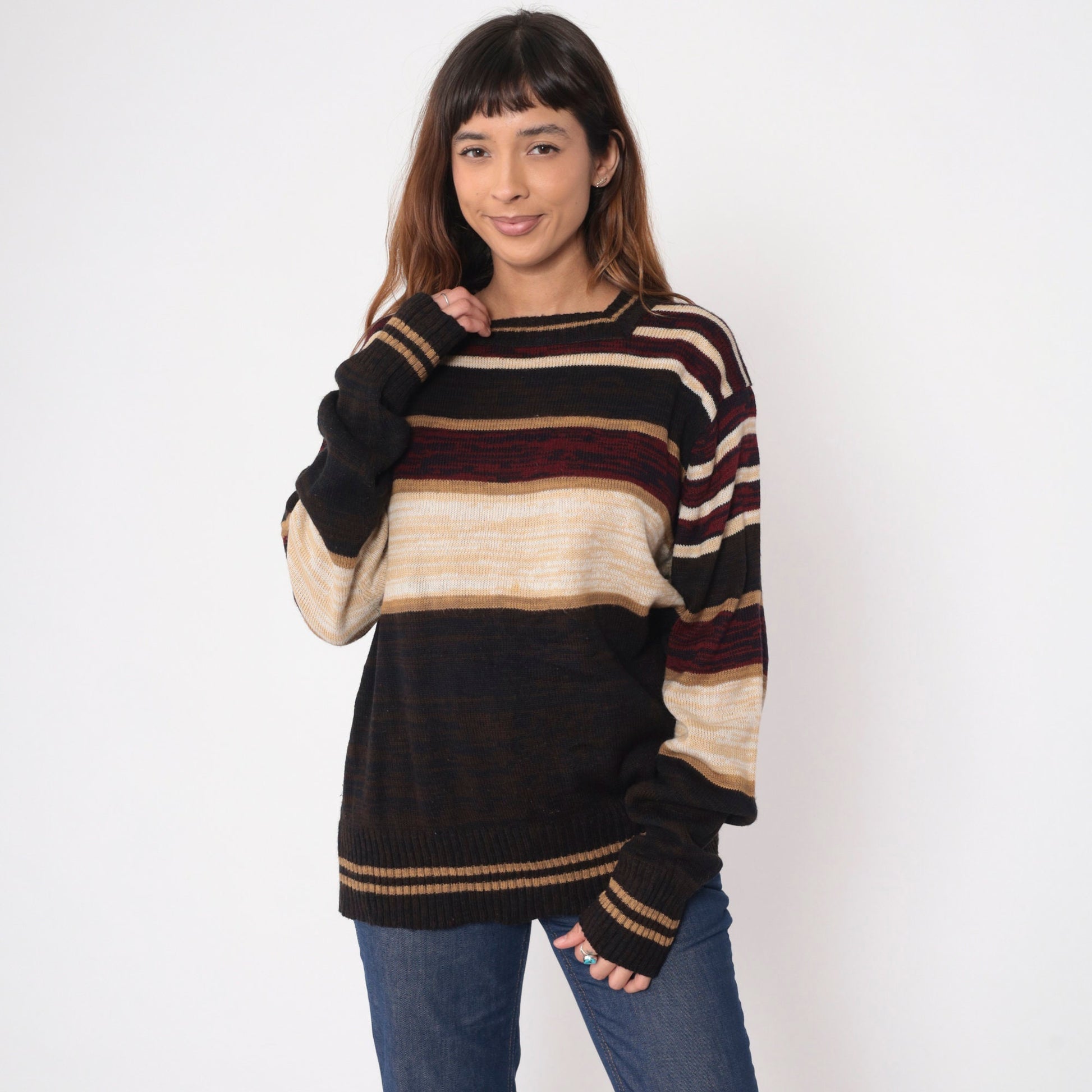 70s Sven Space Dye Striped Sweater Brown Burgundy Square Neck Knit Large L