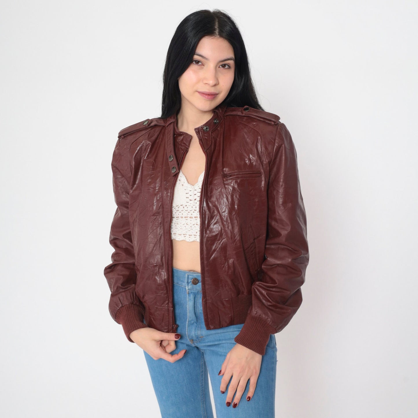 80s Bermans Leather Bomber Jacket Mahogany Brown Zip Moto Small