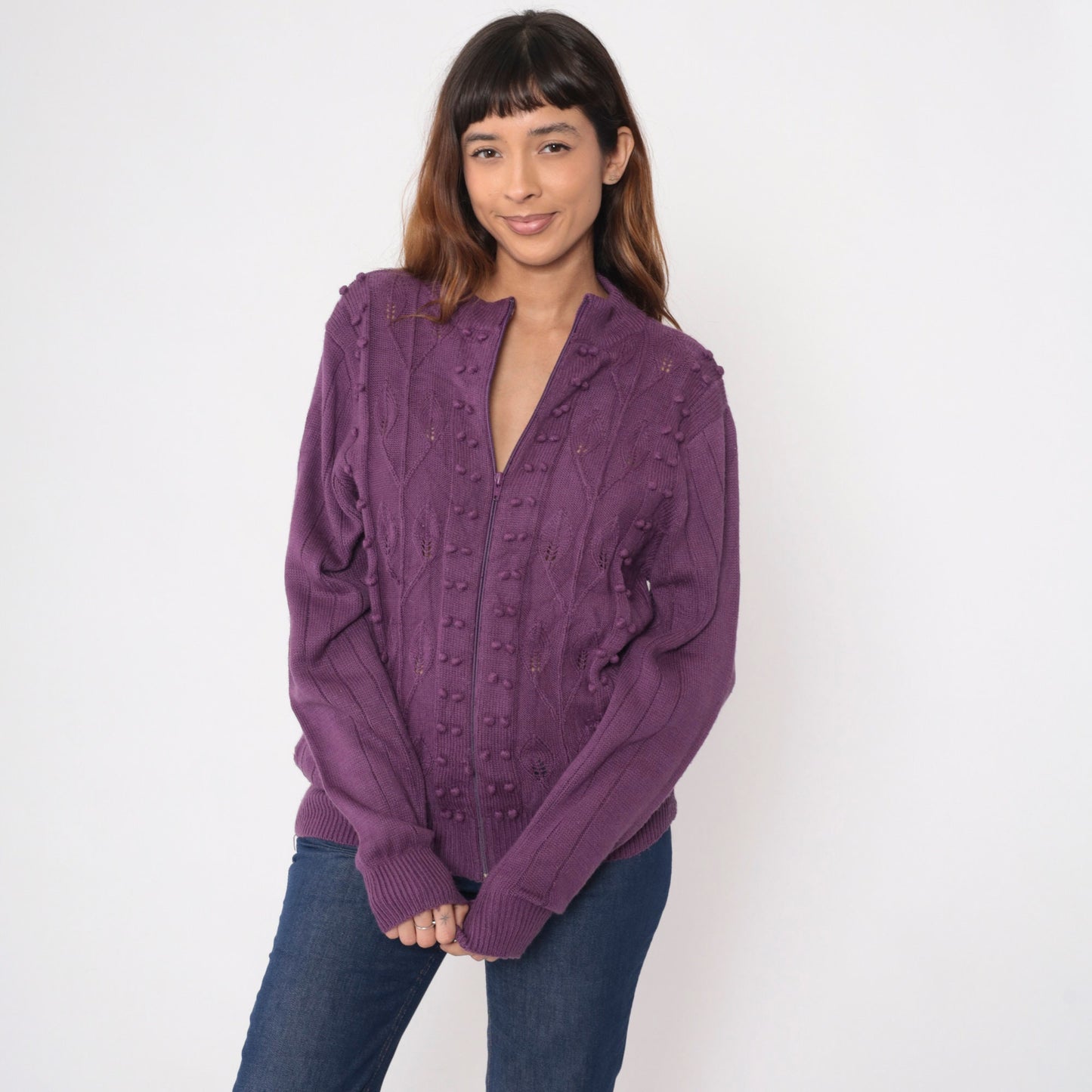 90s Purple Pointelle Cardigan Popcorn Knit Leaf Design Zip Up Sweater Medium