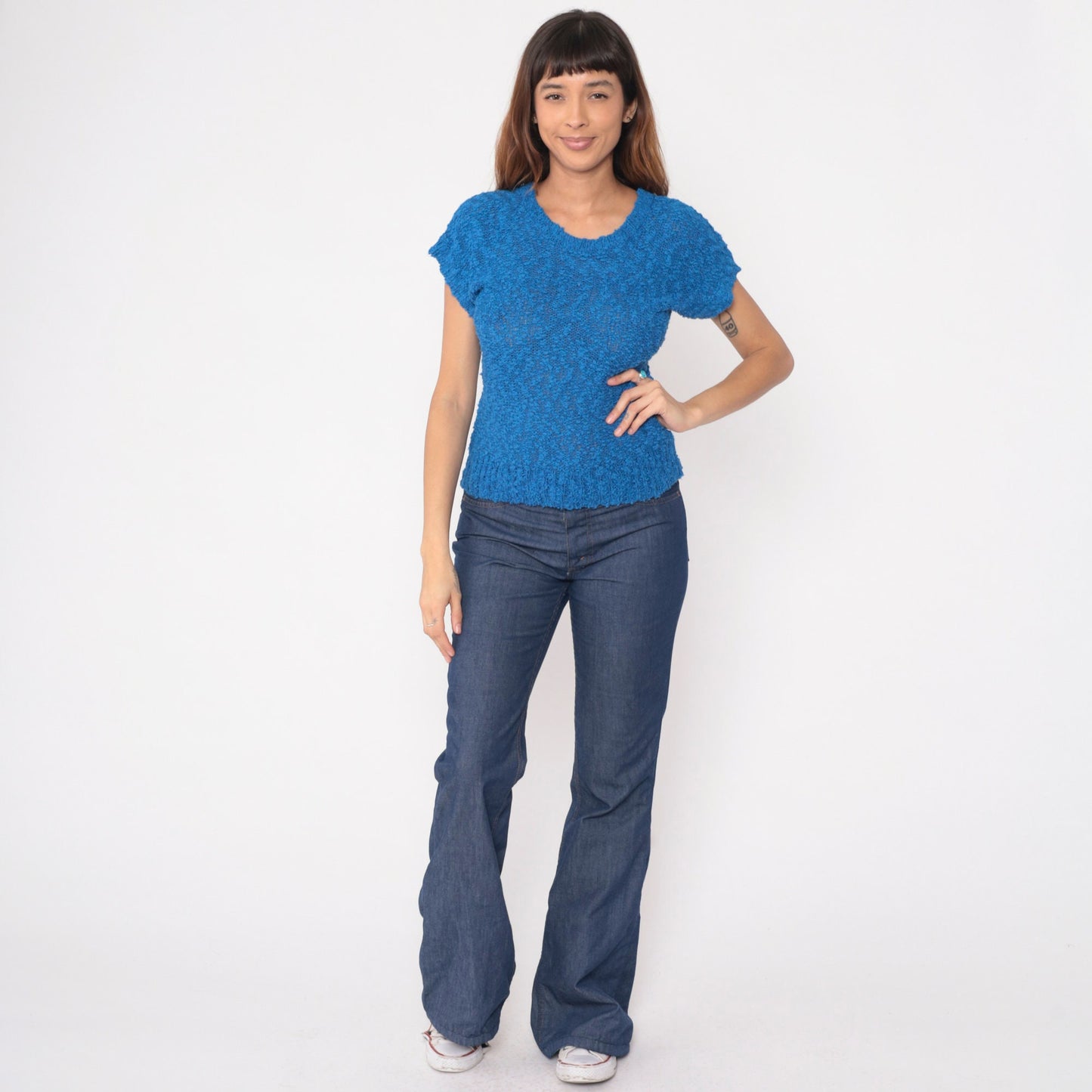 80s Blue Nubby Knit Sweater Top Short Sleeve V Neck Extra Small