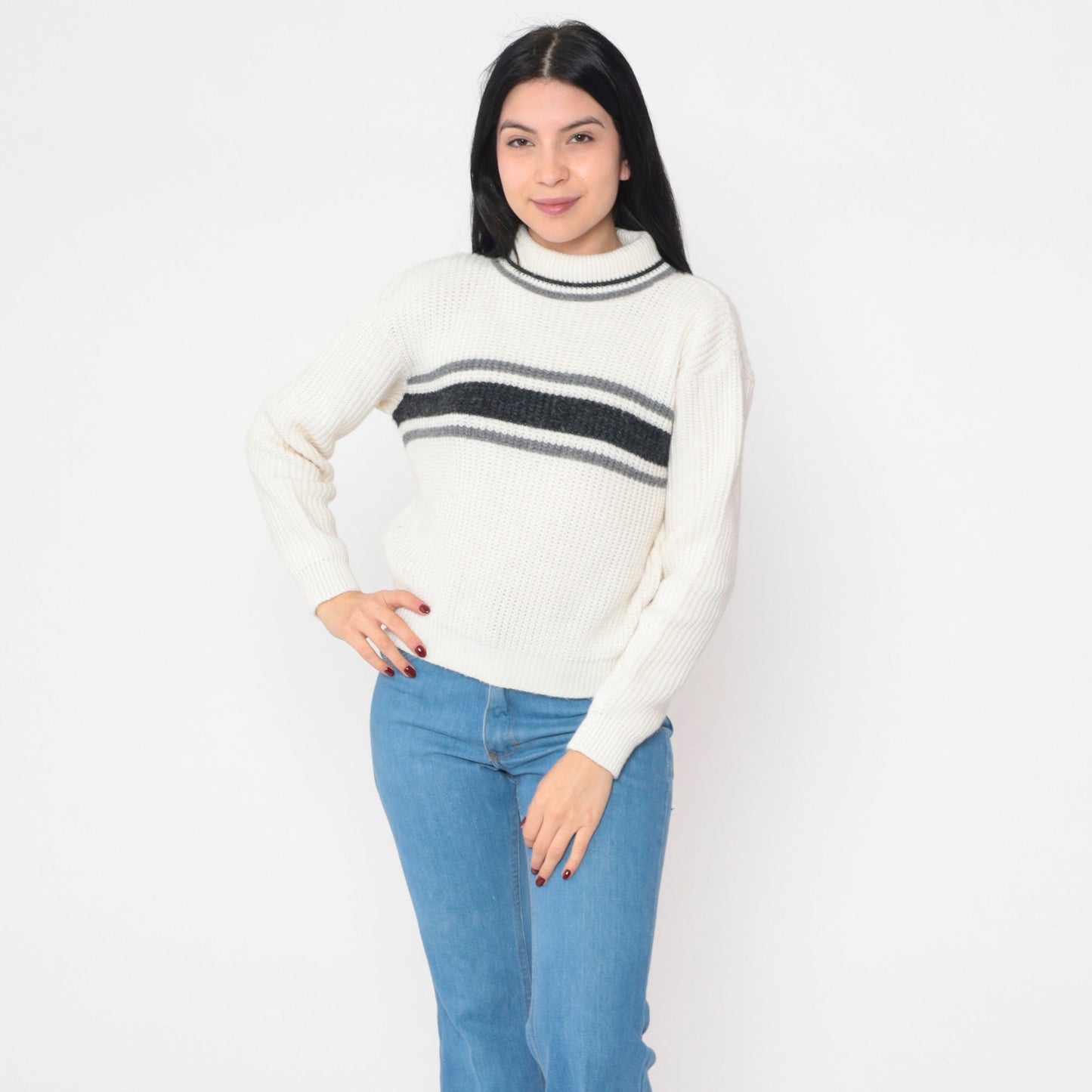 80s White Stag Striped Turtleneck Sweater Black Grey Knit Small