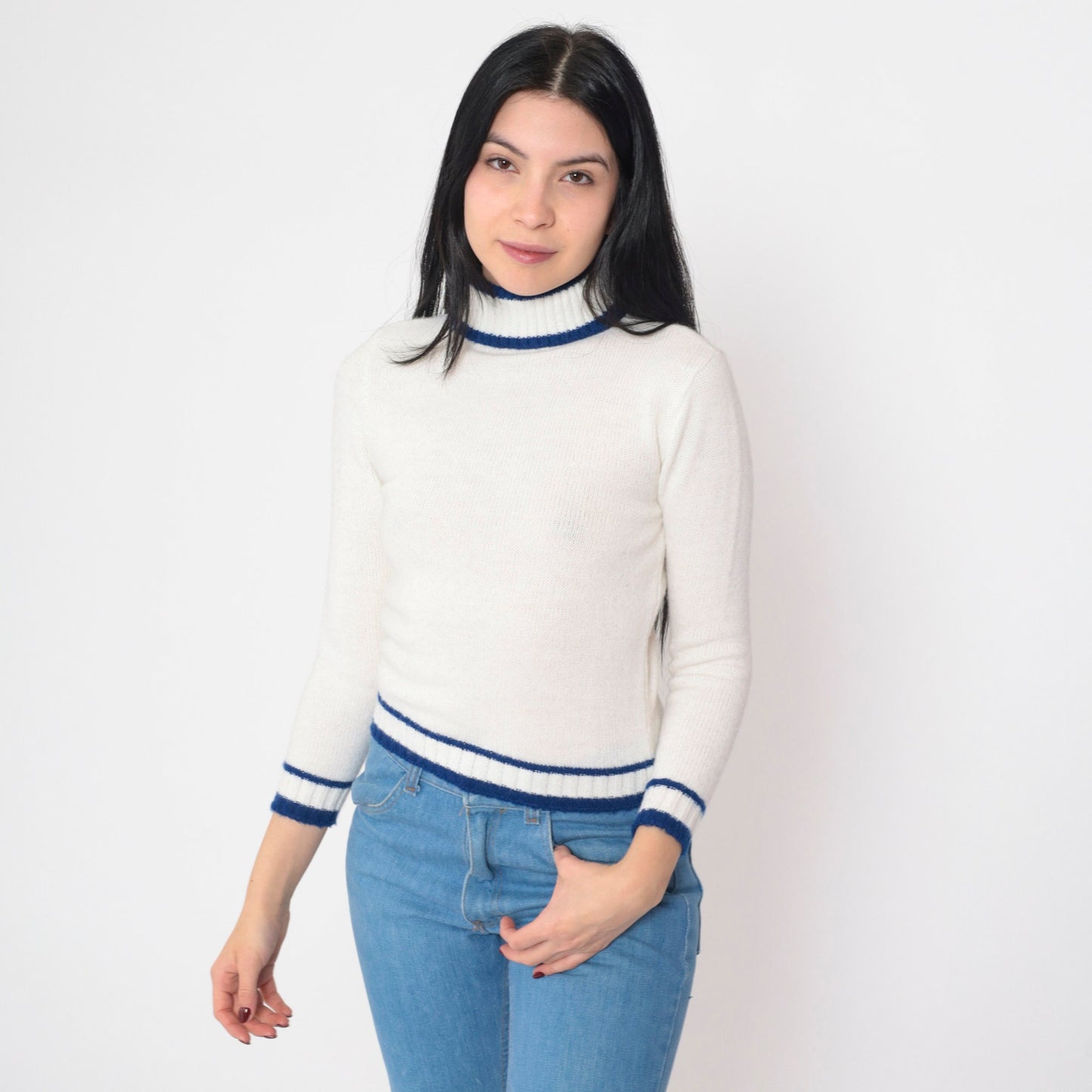 70s White Turtleneck Sweater Blue Striped Ringer Knit Cropped Extra Small