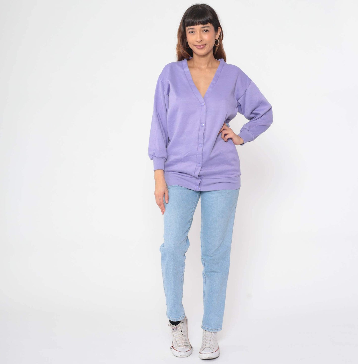 90s Lavender Cardigan Sweatshirt Snap Button V-Neck Slouchy Small