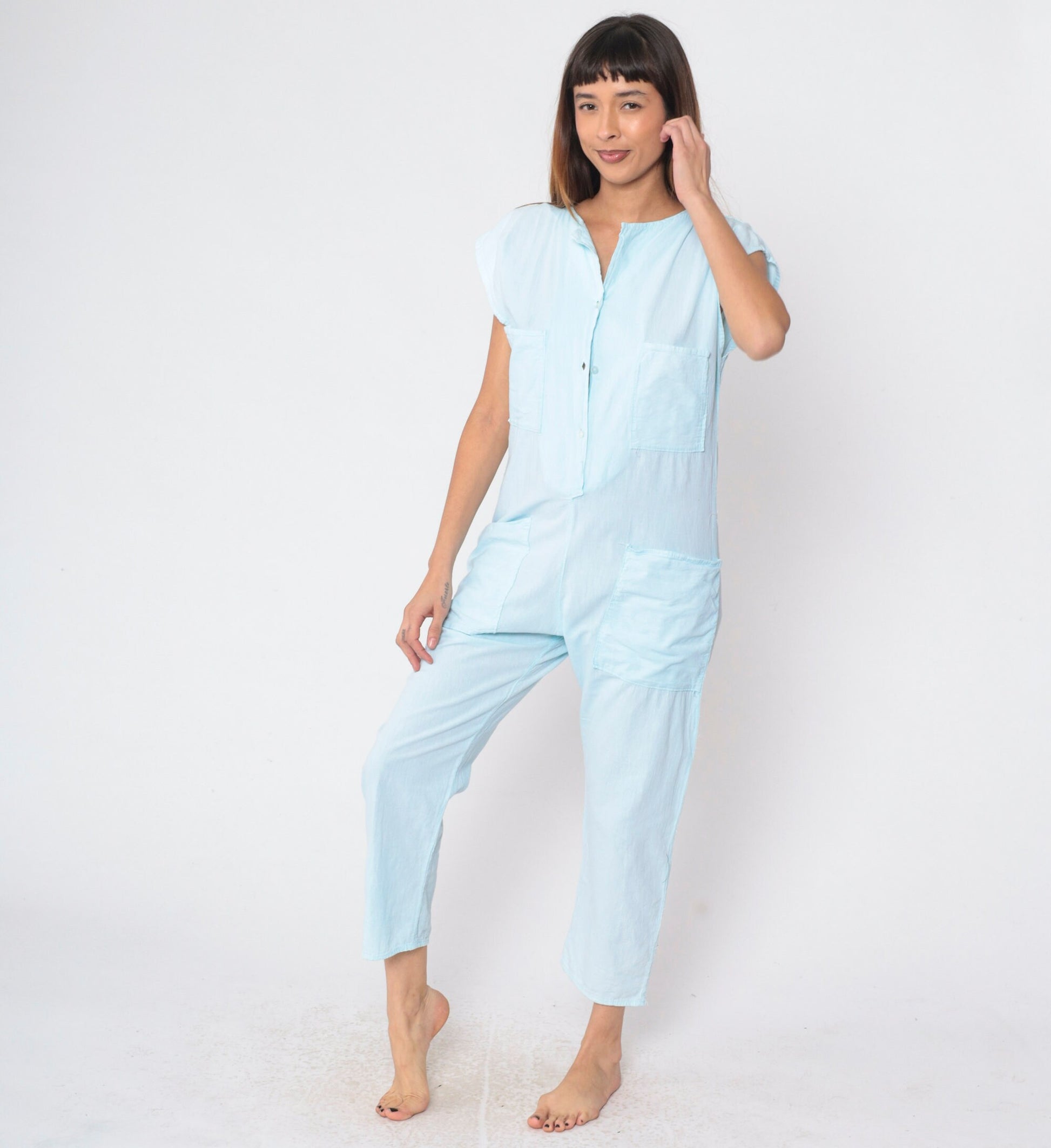 80s Baby Blue Cotton Jumpsuit Cap Sleeve Button Front Ankle Medium