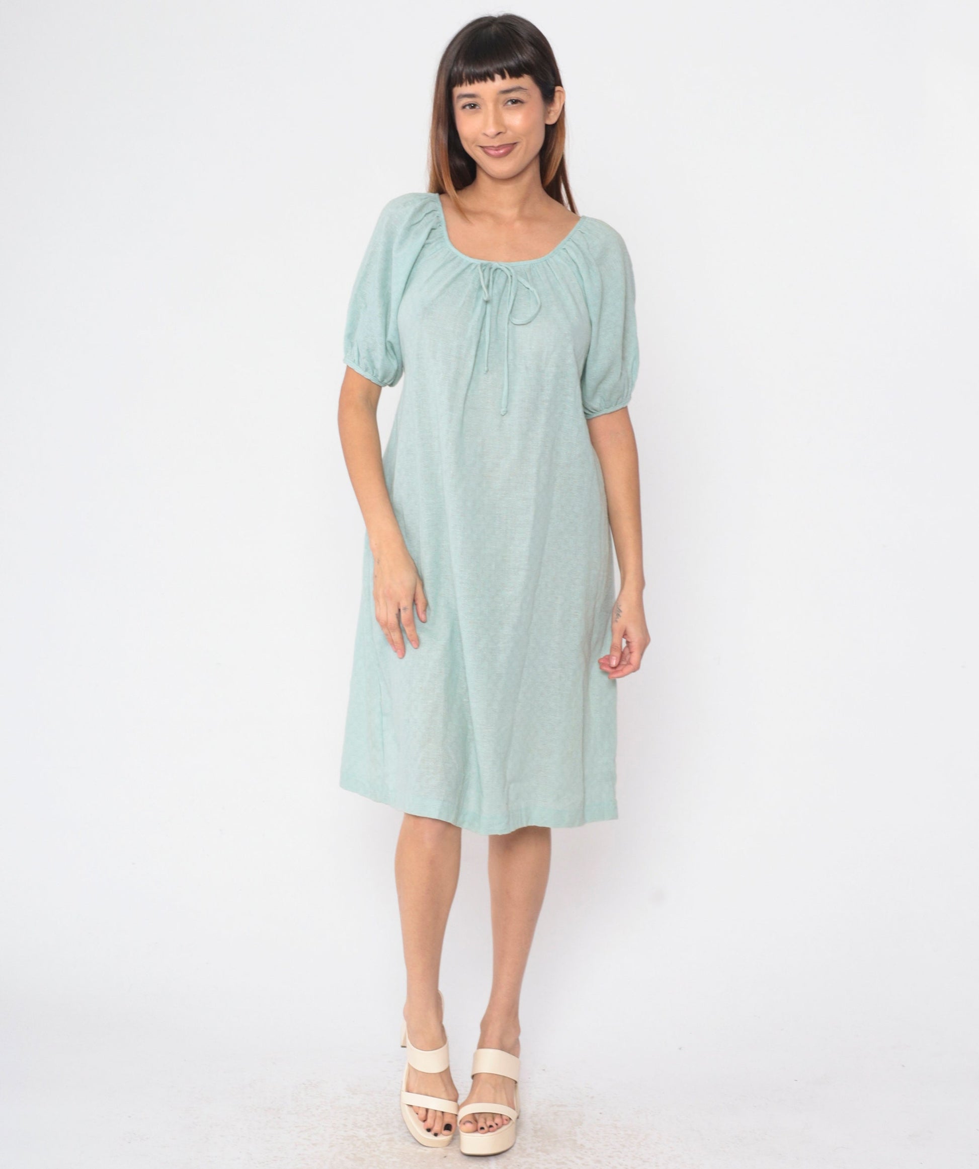 70s JC Penney Seafoam Shift Dress Bow Neck Midi Cotton Small