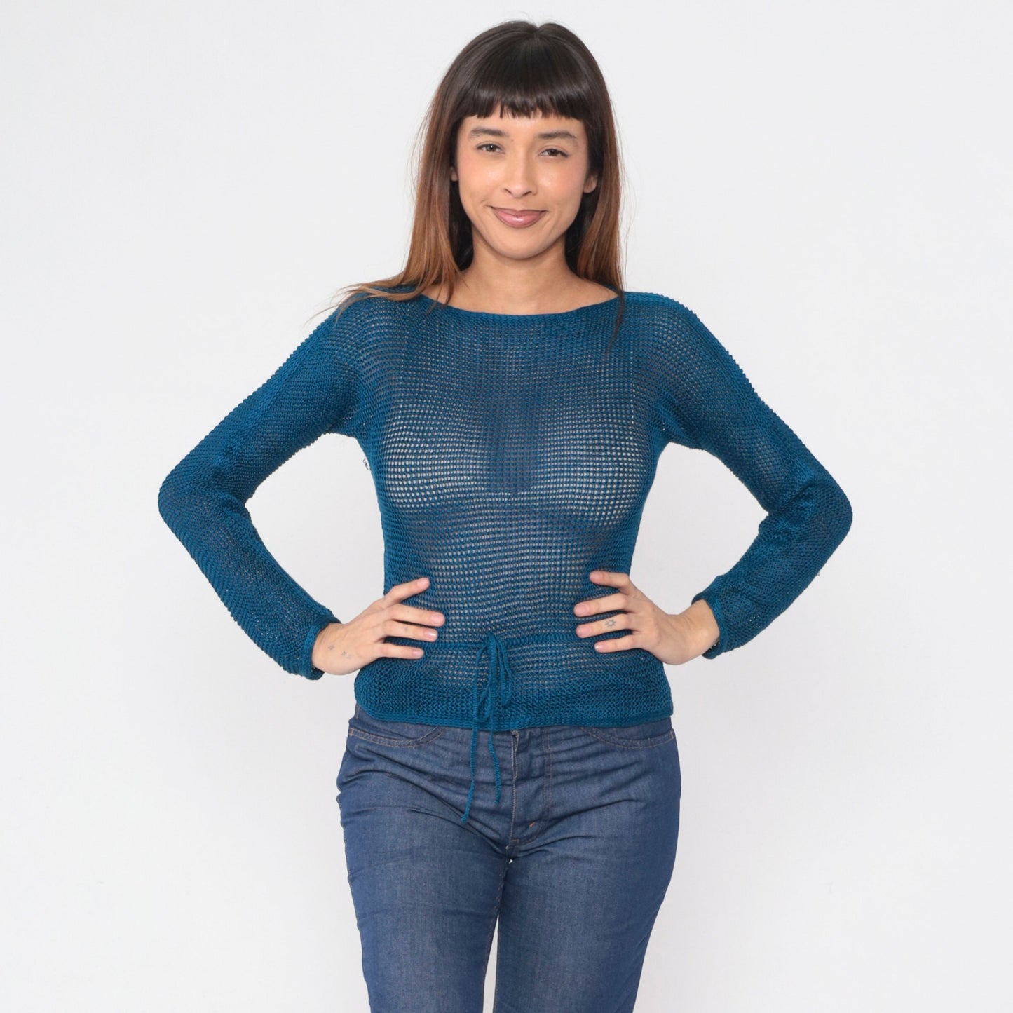70s Missoni Sheer Mesh Knit Sweater Blue Boatneck Drawstring Waist Extra Small