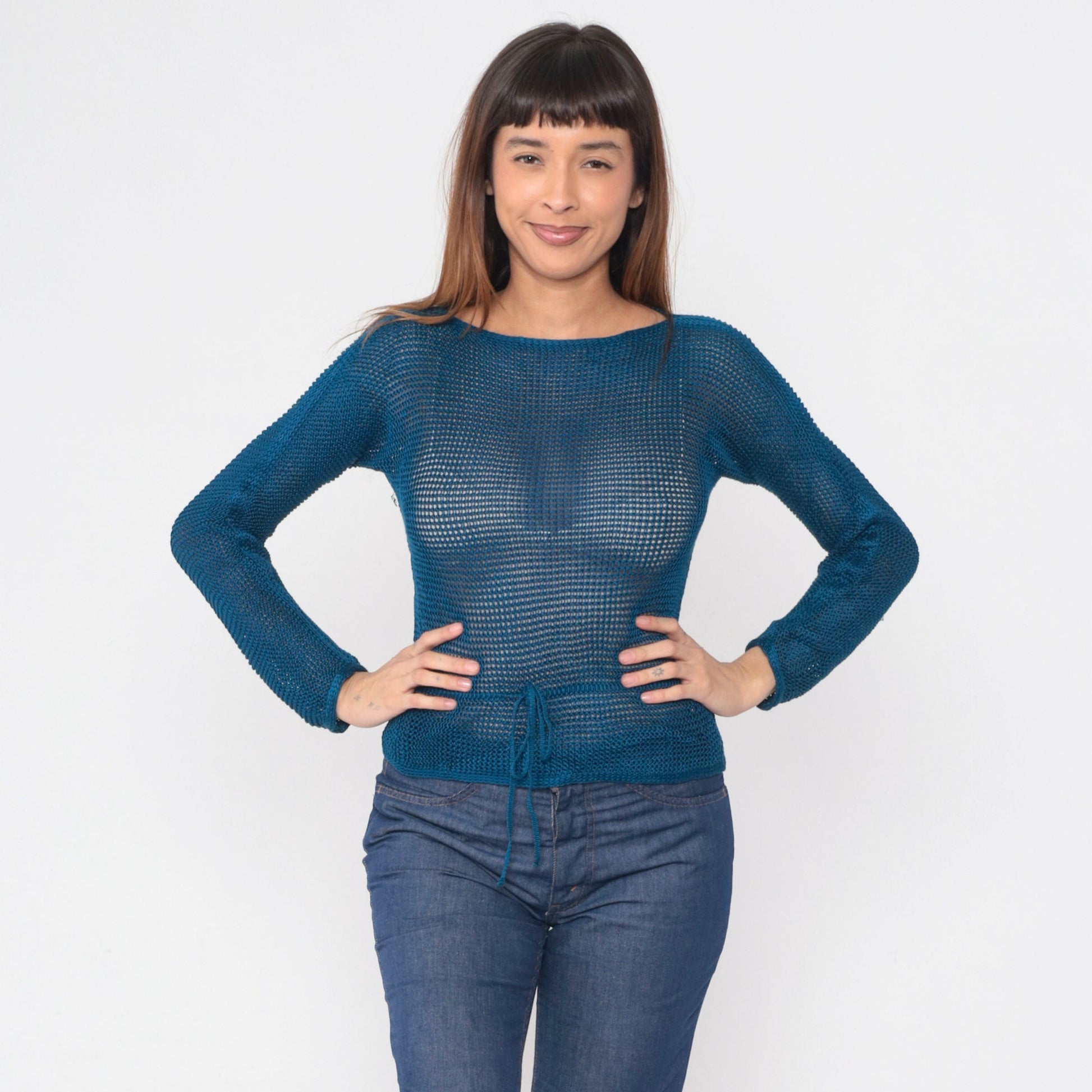 70s Missoni Sheer Mesh Knit Sweater Blue Boatneck Drawstring Waist Extra Small