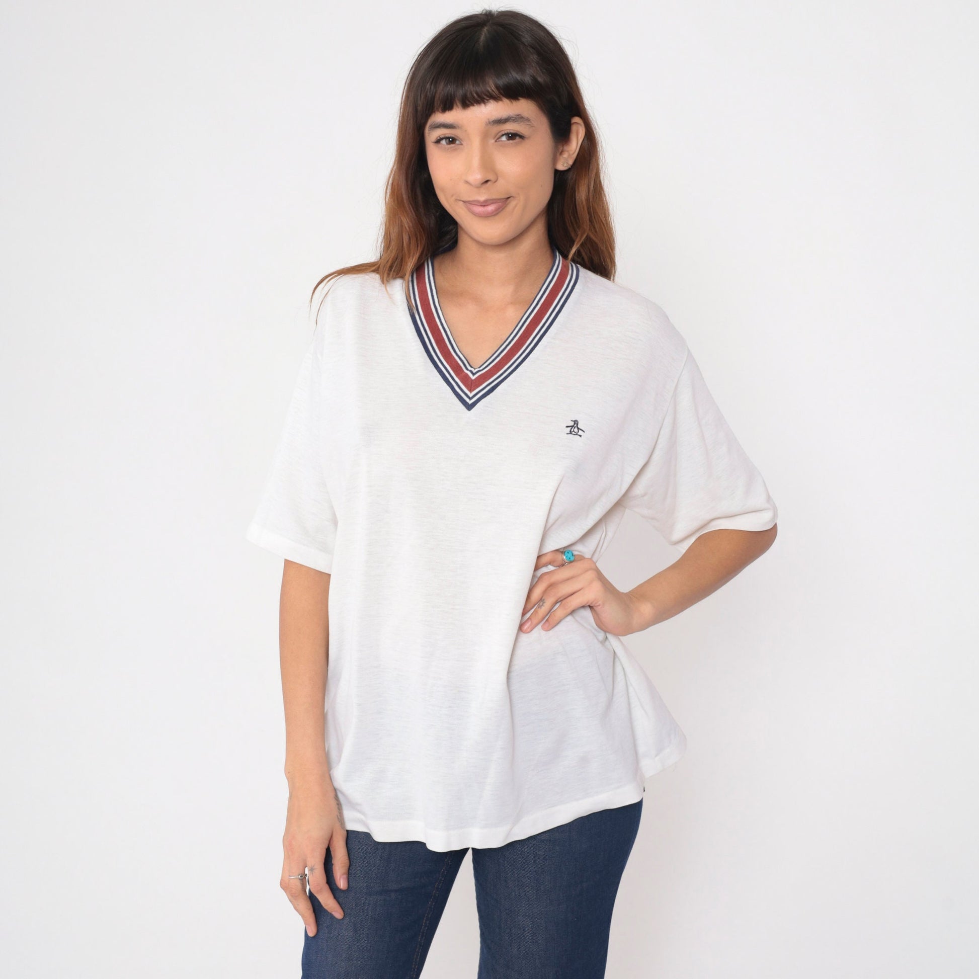 80s Grand Slam Munsingwear Penguin Logo Ringer Tee White V-Neck Extra Large XL