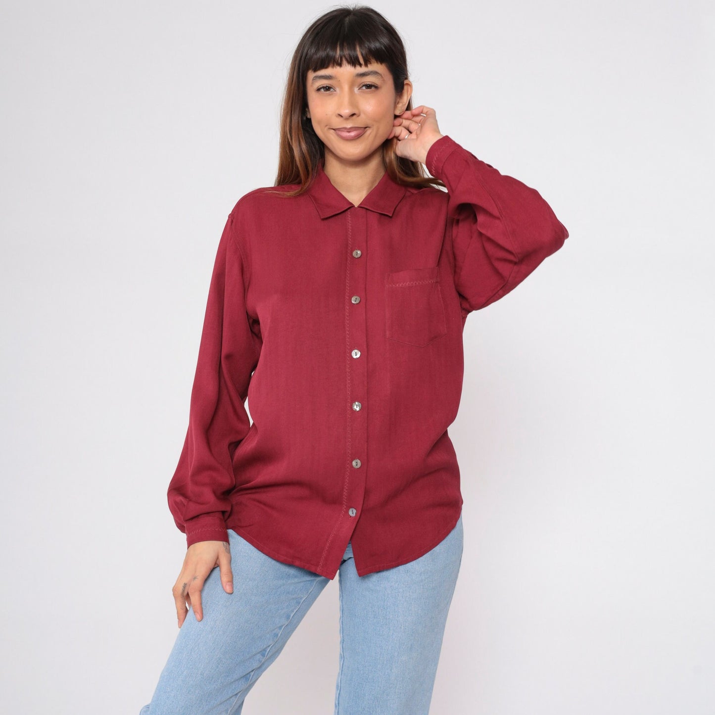 00s Tommy Bahama Maroon Silk Button-Up Blouse Long Sleeve Small S