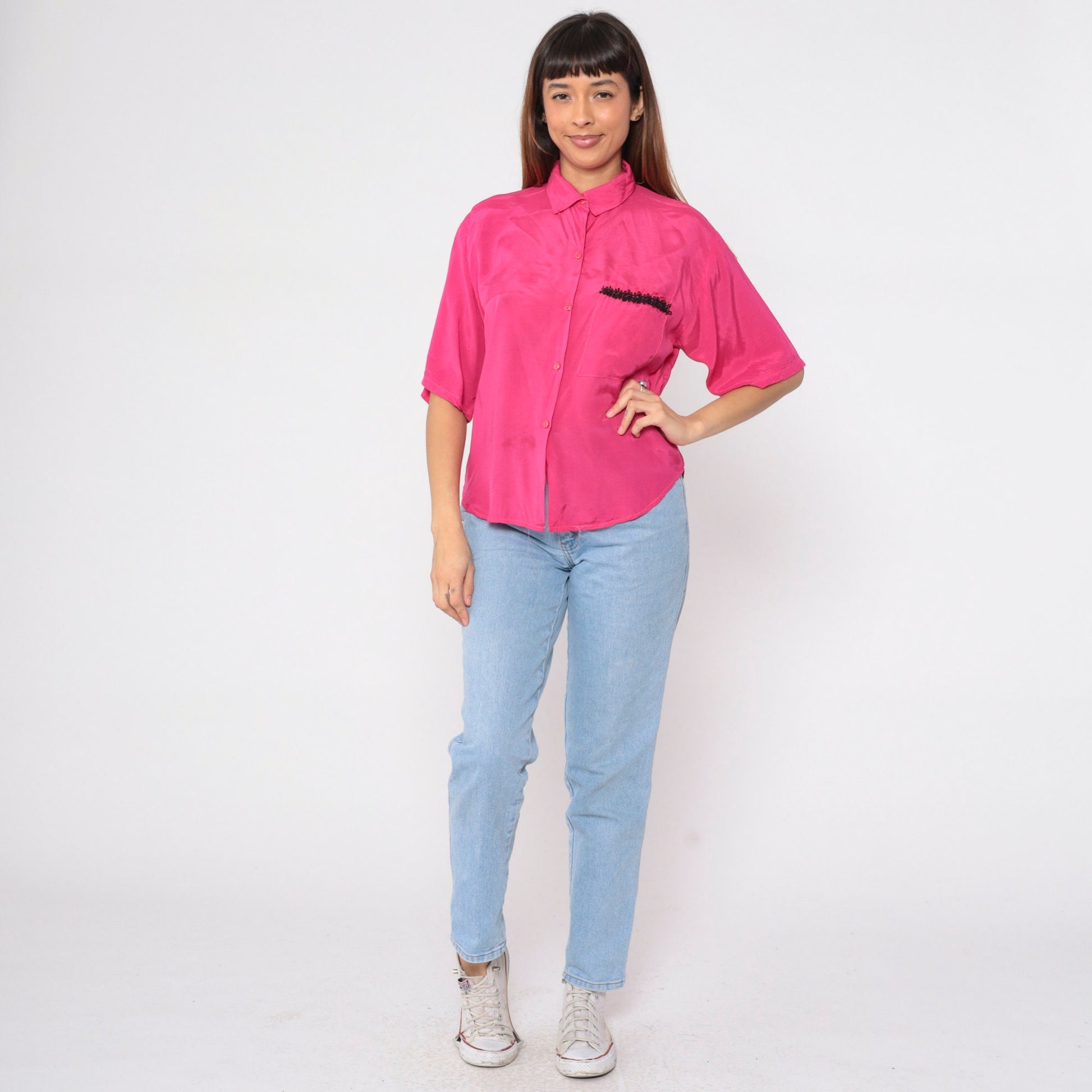 90s Hot Pink Button-Up Blouse Black Soutache Trim Short Sleeve Medium M