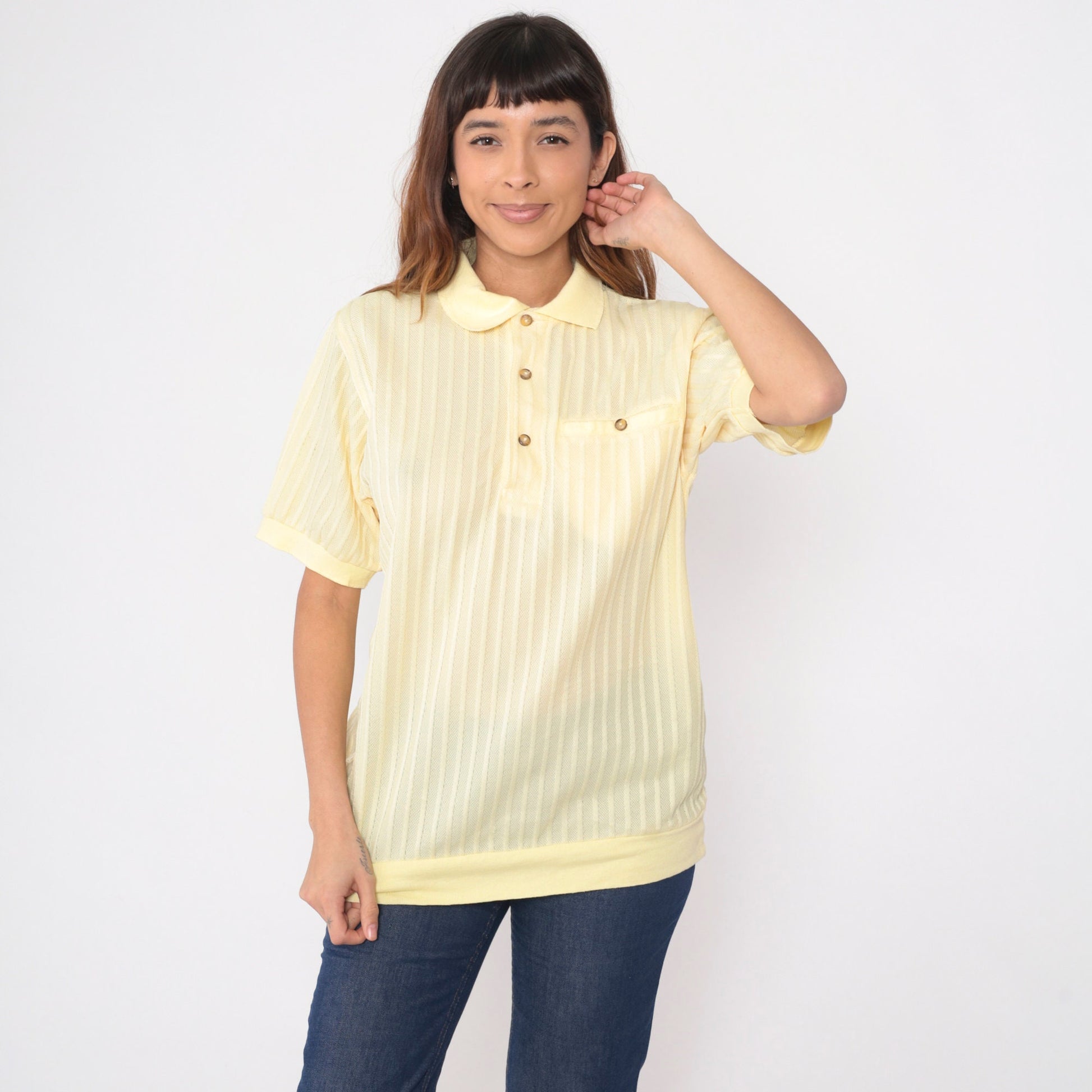 80s Light Yellow Polo Shirt Chest Pocket Banded Hem Men's Medium