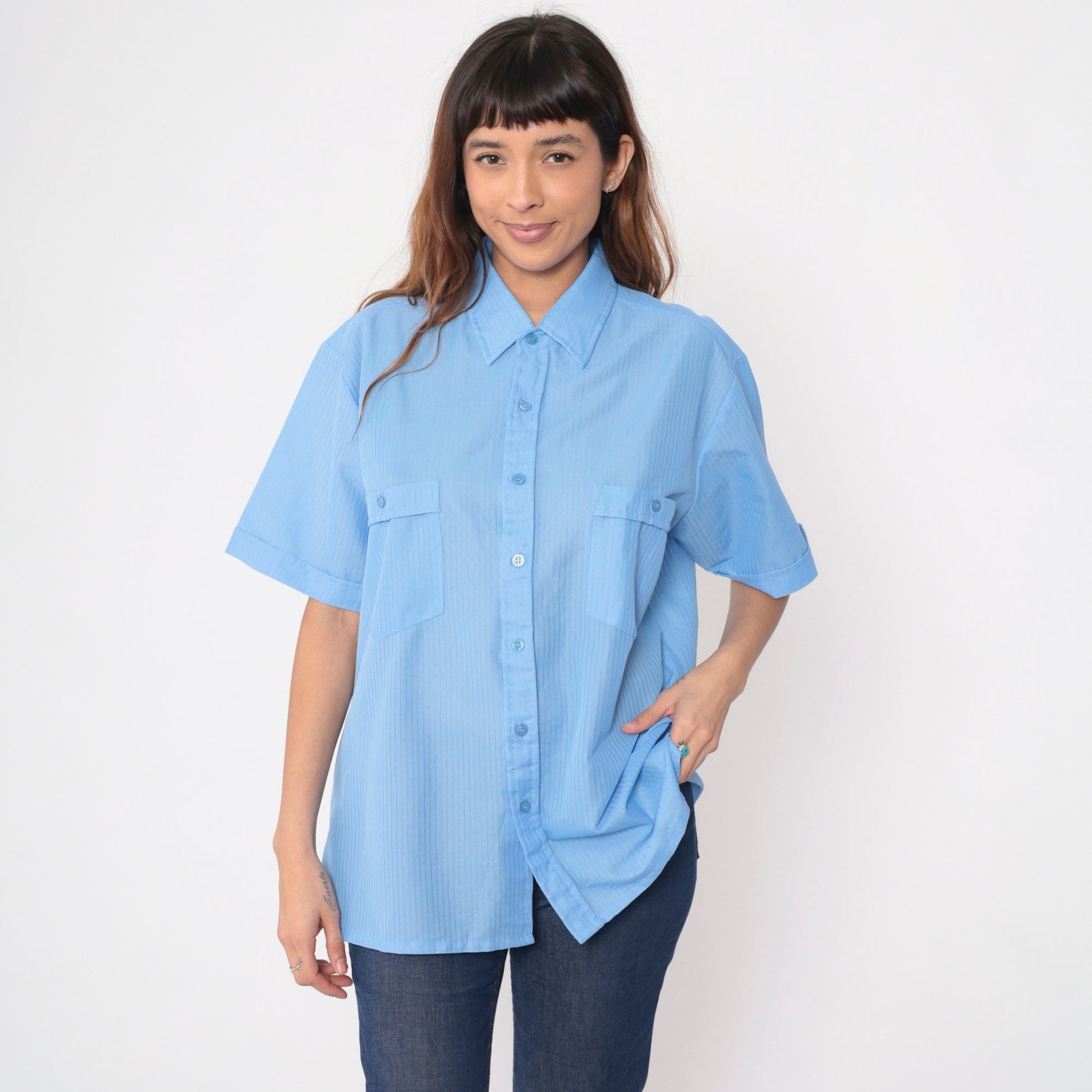 Y2K Haband Light Blue Striped Button Up Shirt Short Sleeve Men's Large L