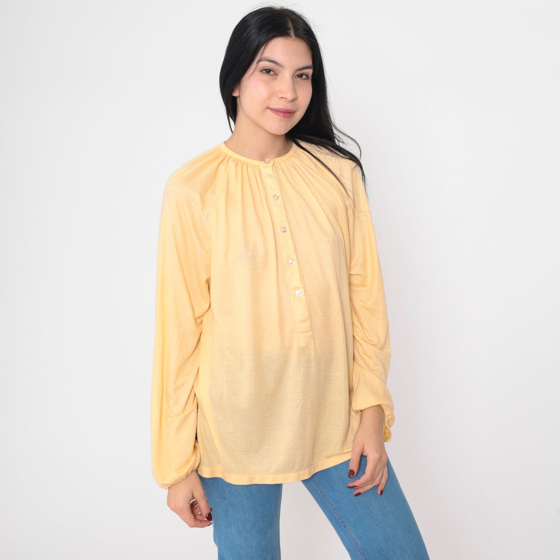 70s Yellow Semi-Sheer Half-Button Blouse Long Sleeve Medium M