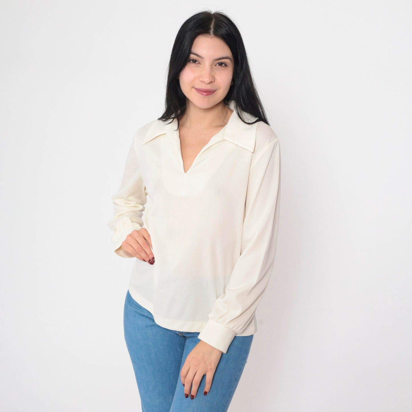 70s Off-White Semi-Sheer Collared Blouse Long Sleeve V Neck Medium