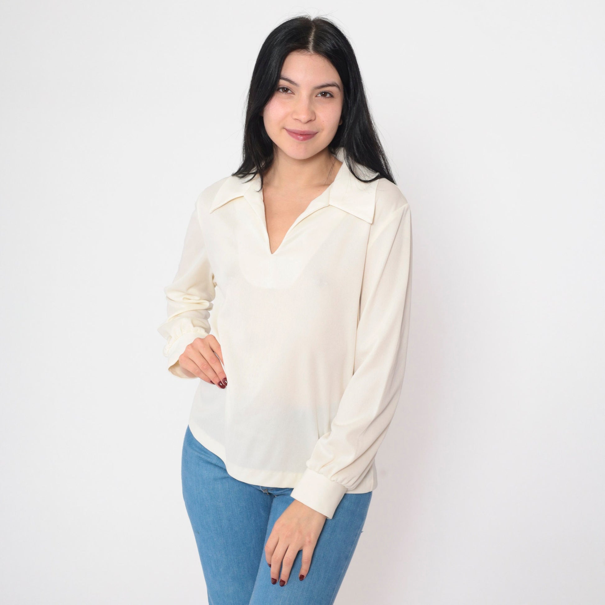 70s Off-White Semi-Sheer Collared Blouse Long Sleeve V Neck Medium