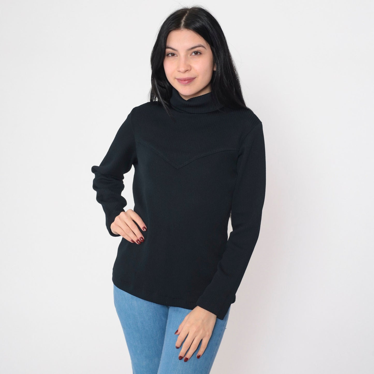 70s Black Ribbed Turtleneck Long Sleeve Knit Top Yoke Zipper Medium M
