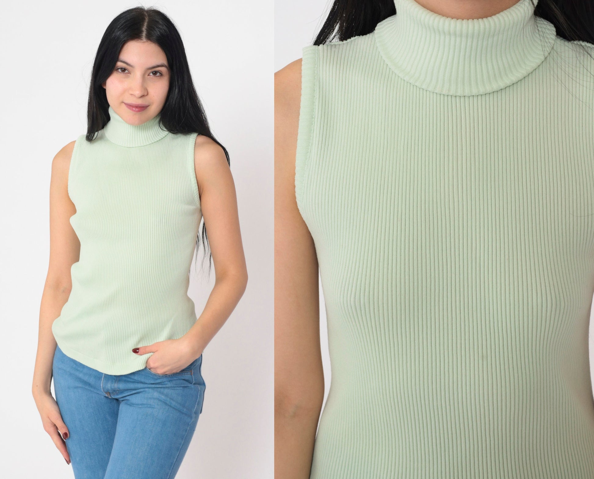 70s Mint Green Sleeveless Mock Neck Tank Top Small Medium