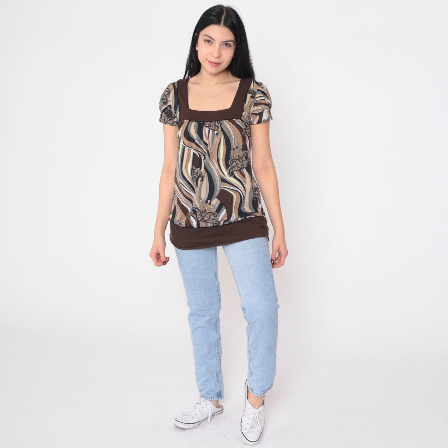 Y2K Abstract Floral Paisley Puff Sleeve Blouse Brown Short Sleeve Small S