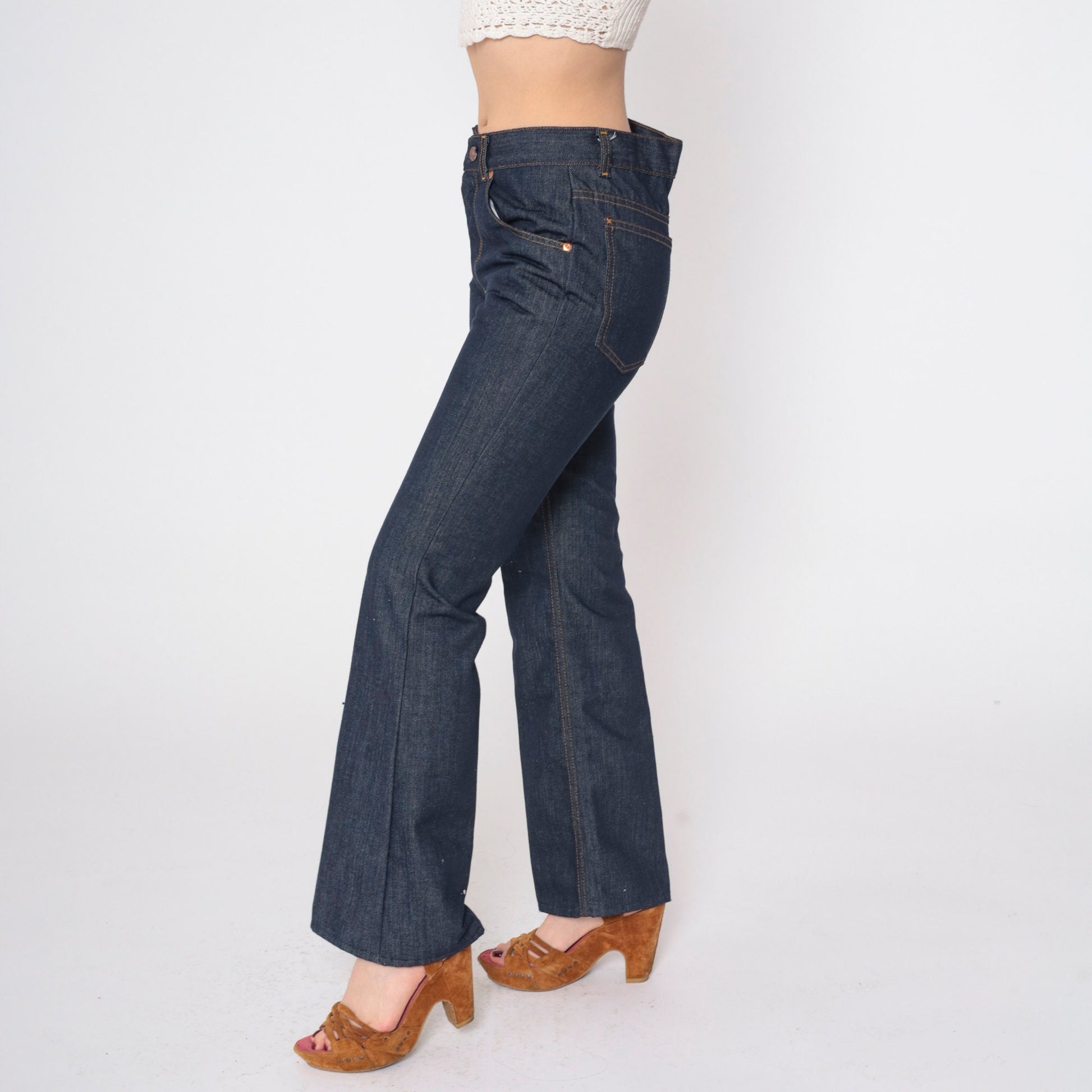 80s Dark Blue Flared Denim Jeans Mid Rise Orange Topstitch Small S