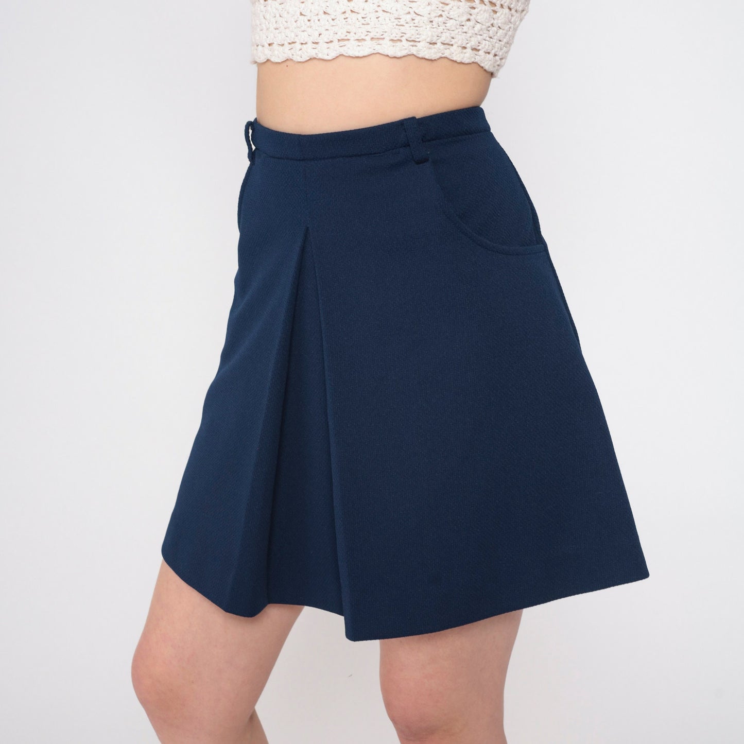 70s Navy Blue Mini Skort Pleated A-Line High Waisted Medium M