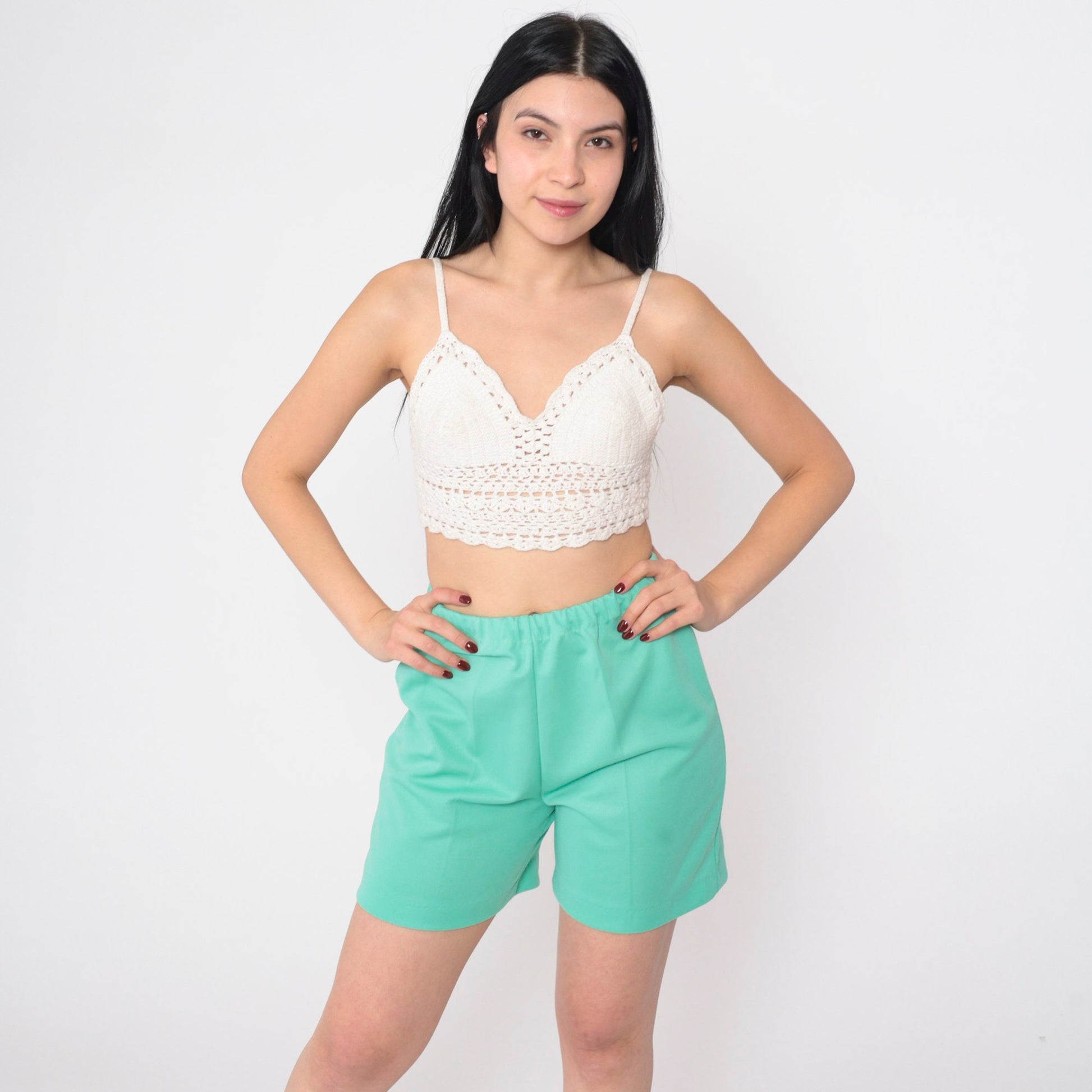 70s Seafoam Green High-Waist Shorts Creased Front Elastic Waist Small